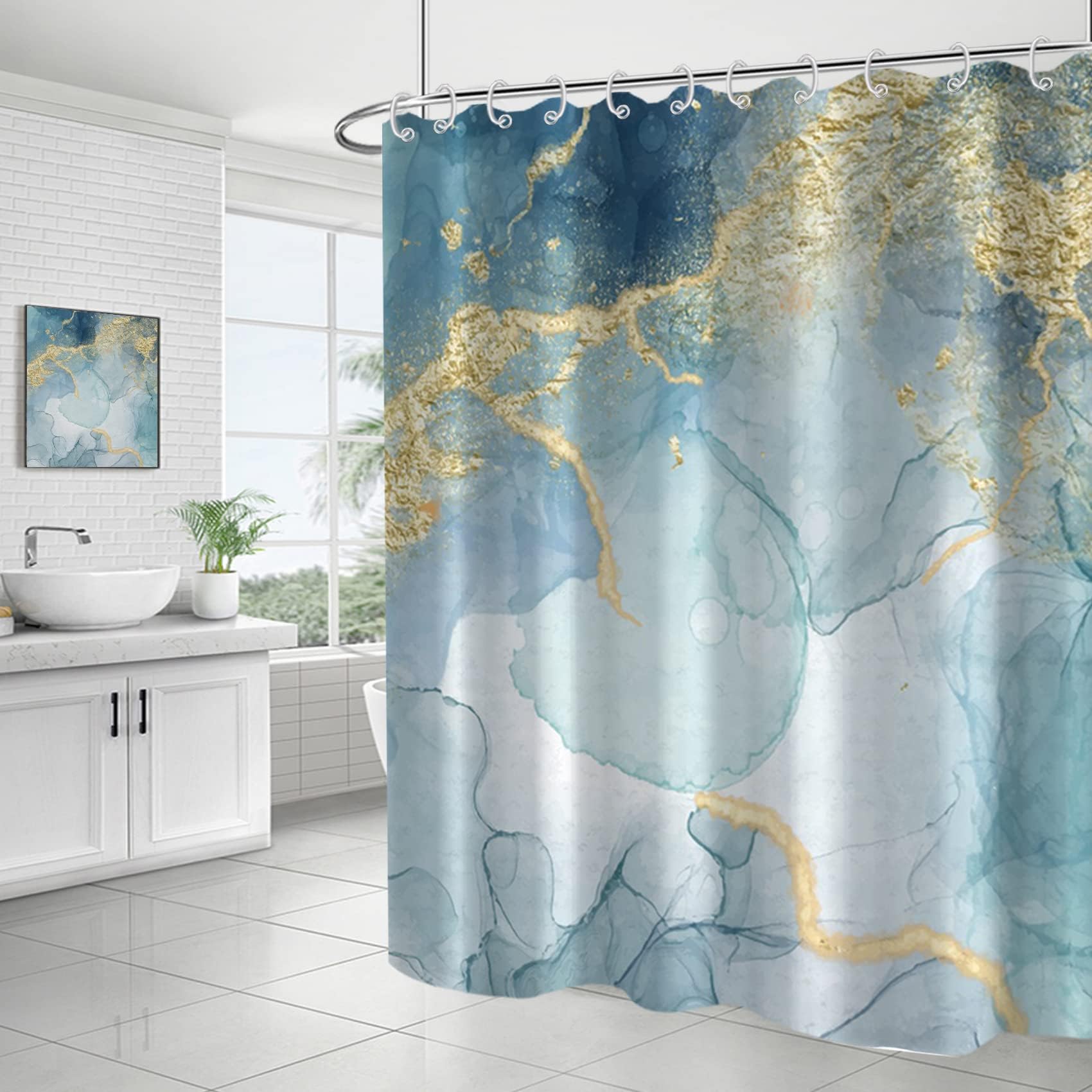 Awert Teal Marble Shower Curtain For Bathroom Waterproof Quick-Drying Modern Abstract Shower Curtain Set With Hooks 72X78 Inch
