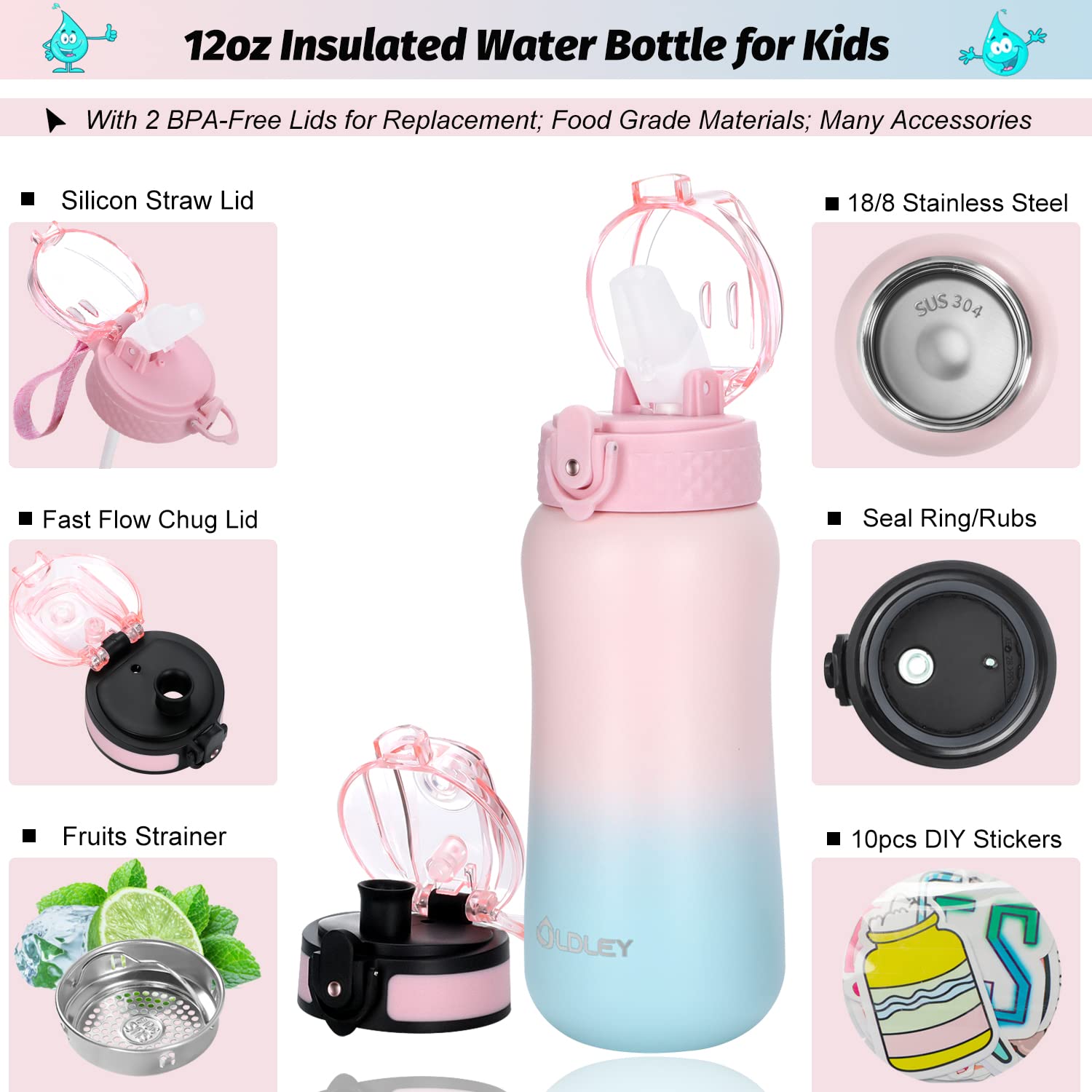 Oldley Insulated Water Bottle 12Oz Kids Water Bottles With Straw, Stainless Steel Water Bottle With 2 Lids, Double Wall Vacuum B