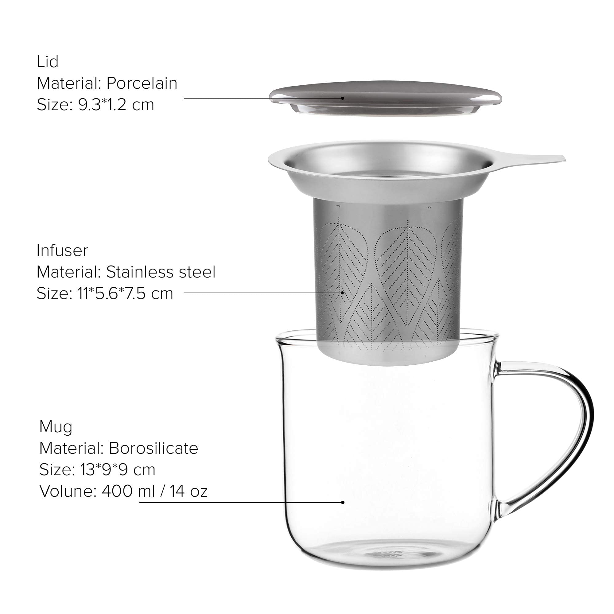 Viva Minima Eva Glass Tea Cup With Mesh Infuser - Coffee Mug With Porcelain Lid/Saucer - 14 Oz / 400 Ml, Wool