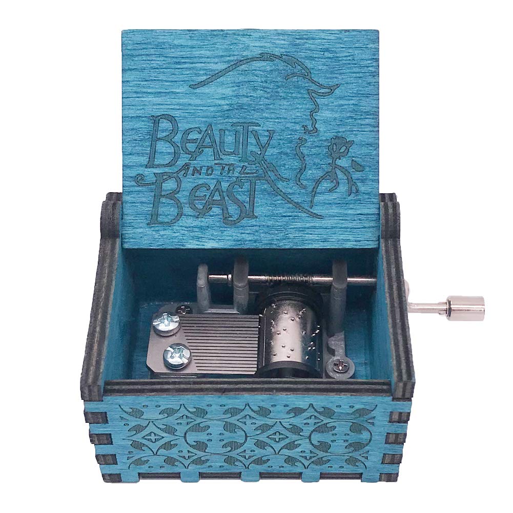 Youtang Beauty and The Beast Music Box Hand Crank Musical Box Carved Wooden,Play Beauty and The Beast Theme,Blue
