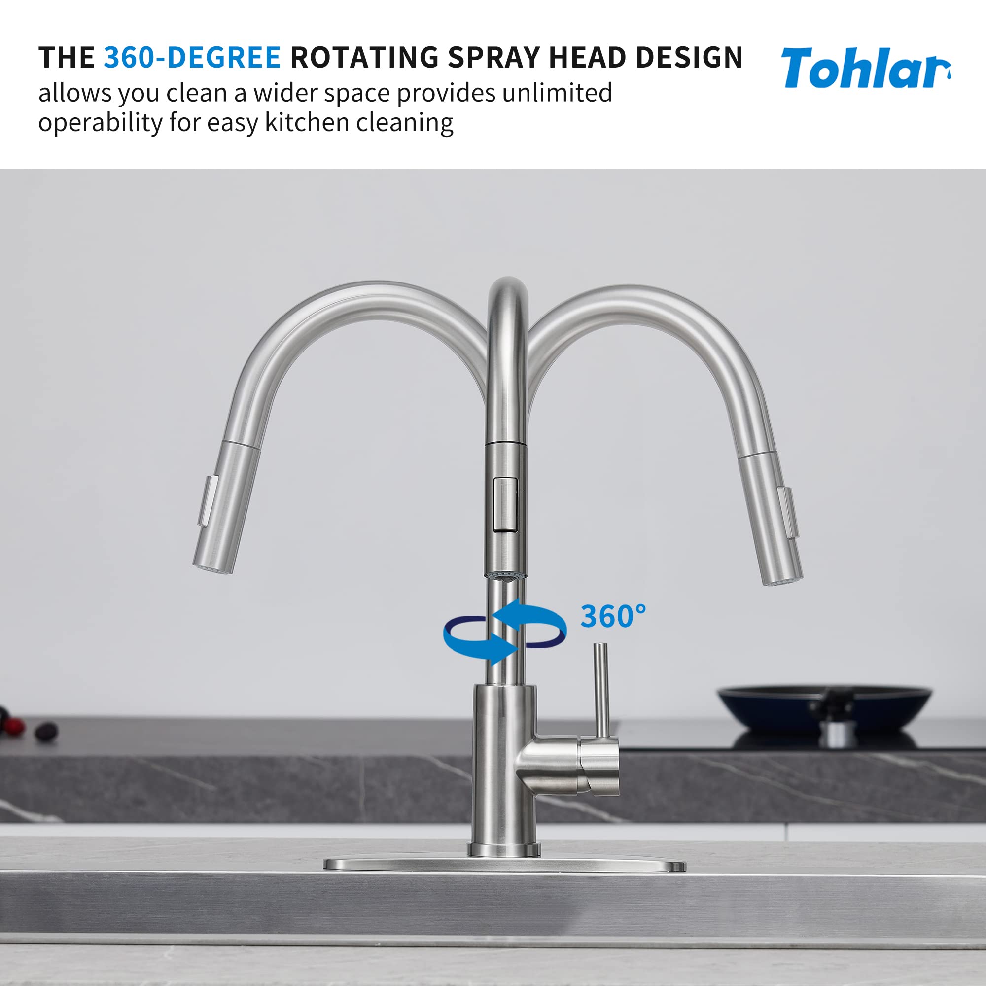 Tohlar Kitchen Sink Faucets With Pull-Down Sprayer, Modern Stainless Steel Single Handle Pull Down Sprayer Faucet With Deck Plat