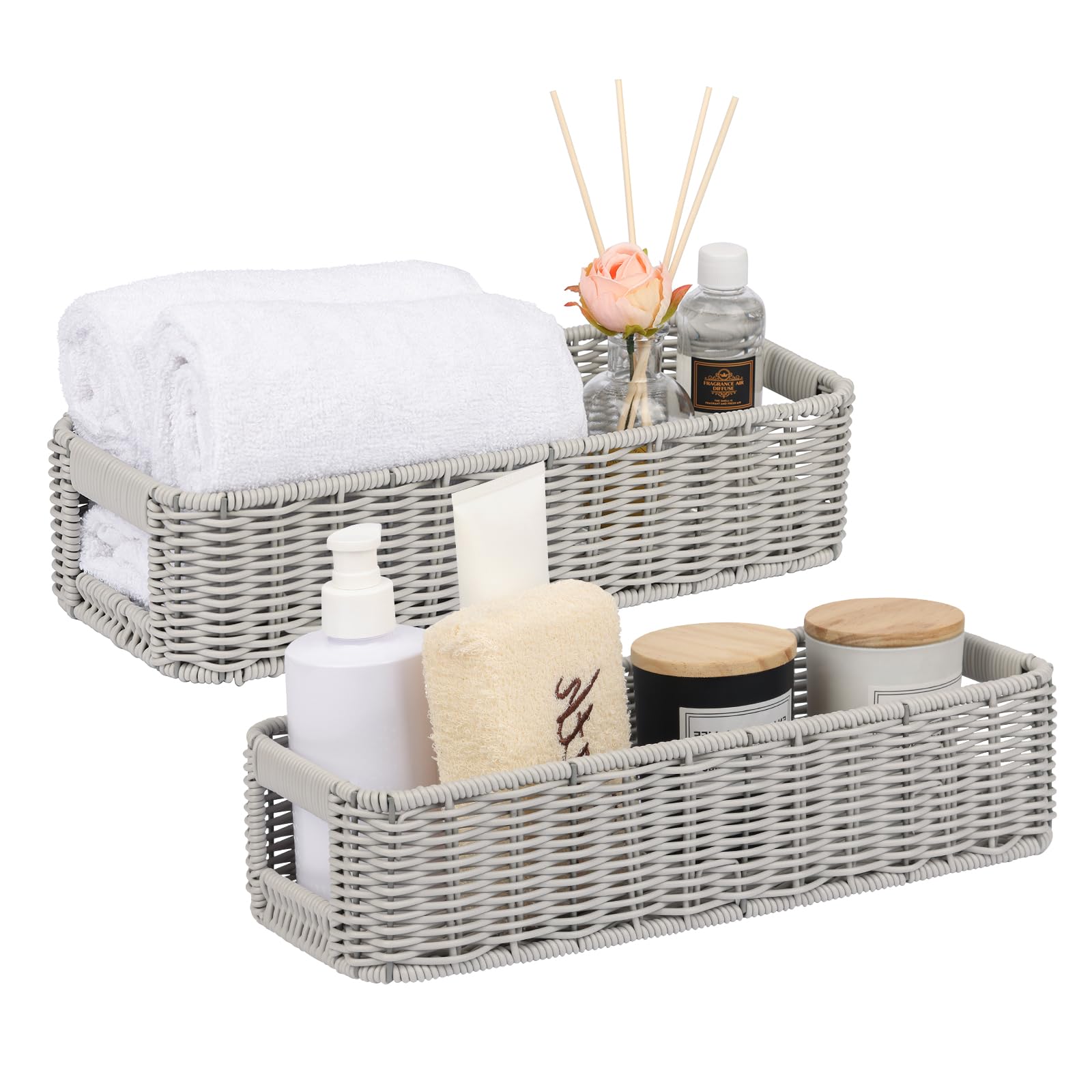 Waterproof Resin Wicker Storage Basket: 2-Pack Small Modern Bathroom Organizer - Gray Minimalist Countertop Bin for Toilet Paper