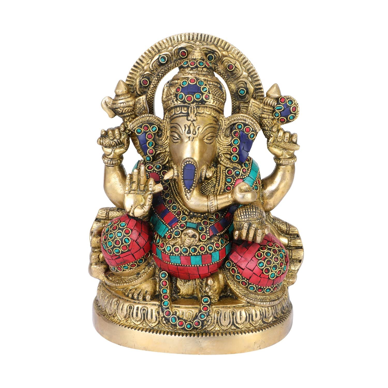 Kartique Brass Ganesh Bhagwan Idol Ganesha Statue Ganpati Murti On Round Base With Multicolor Stone Work