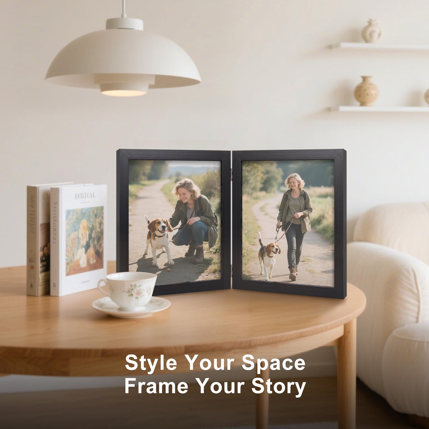 8x10 Double Picture Frame Wooden Hinged Photo Frame Definition Glass Stand Vertically on Desktop or Tabletop Black