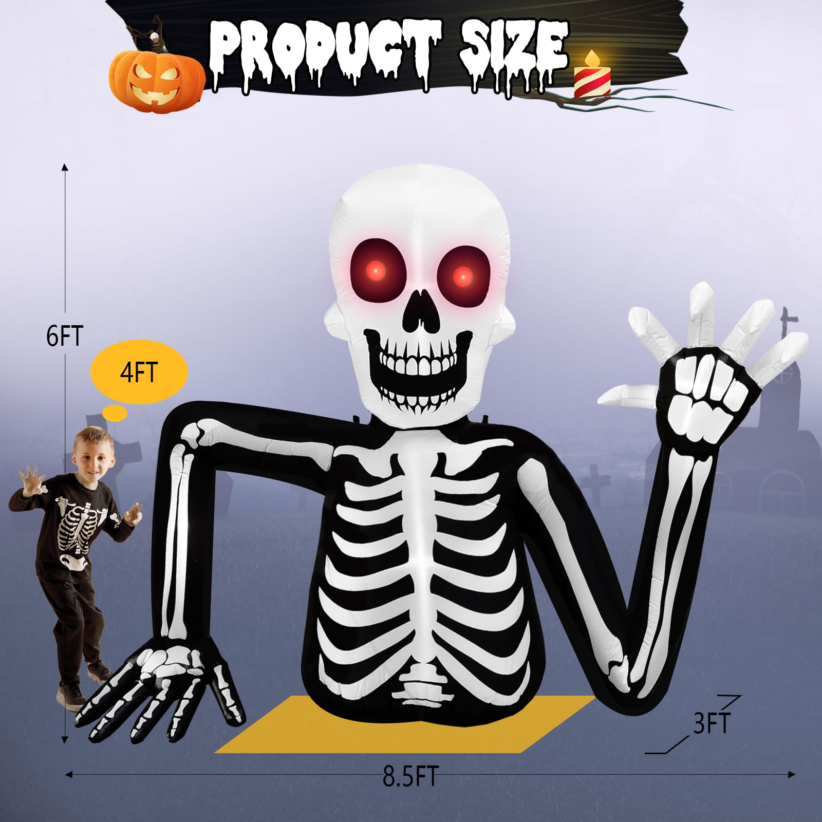 inslife 6FT Tall Halloween Inflatable Skull Skeleton Emerging from The Ground, Halloween Blow Up Skeleton Inflatables Built-in 6