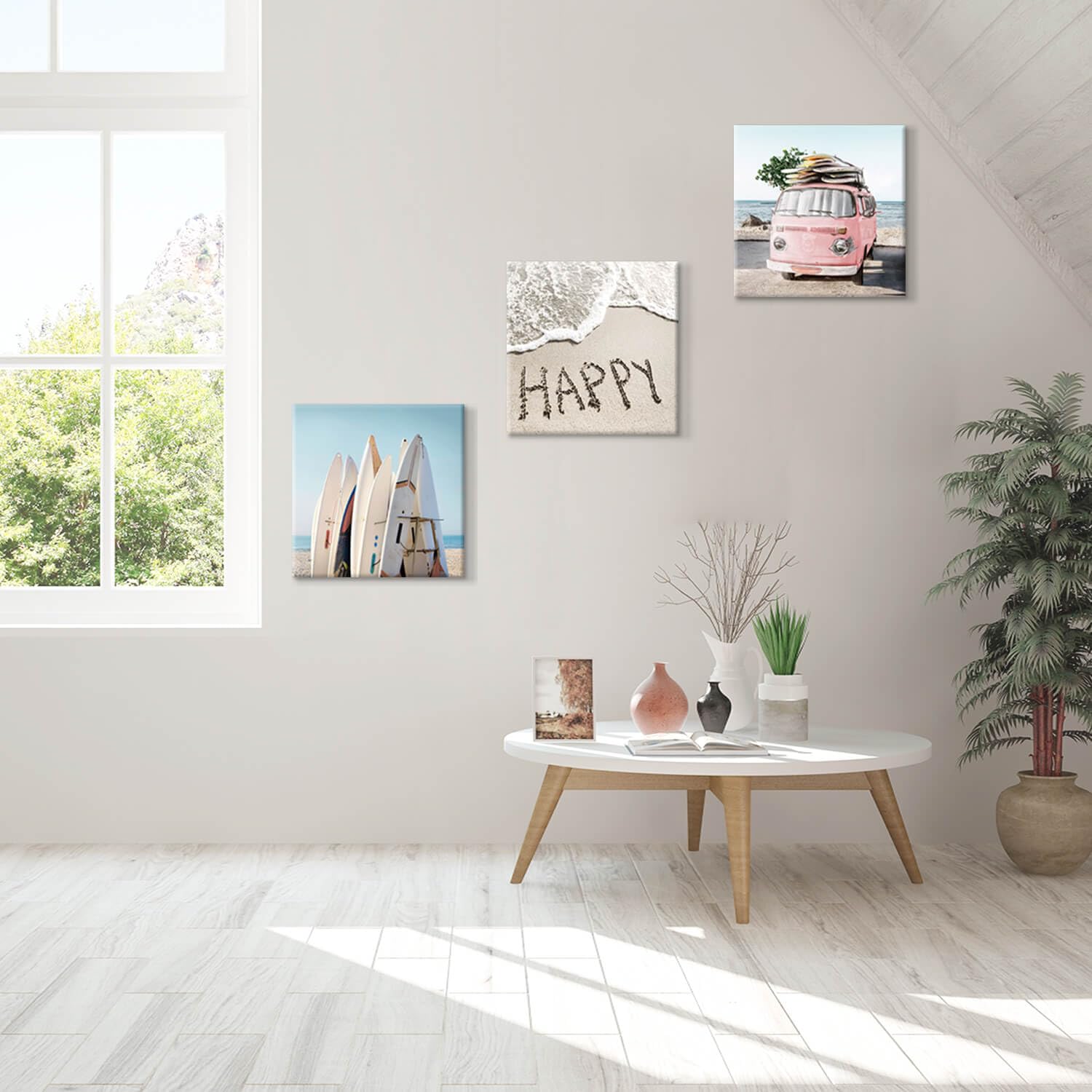 Utop-Art Beach Wall Decor Costal Canvas Wall Art Pictures Surfboards & Pink Car On Sand Artwork Canvas Painting For Living Room
