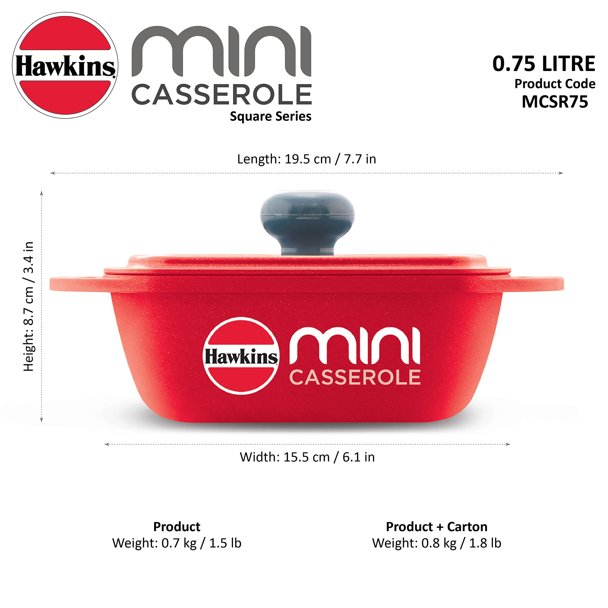 Hawkins Aluminium 0.75 liter Mini Casserole With Lid, Square Series Die-Cast Pan For Cooking, Reheating, Serving And Storing, Re