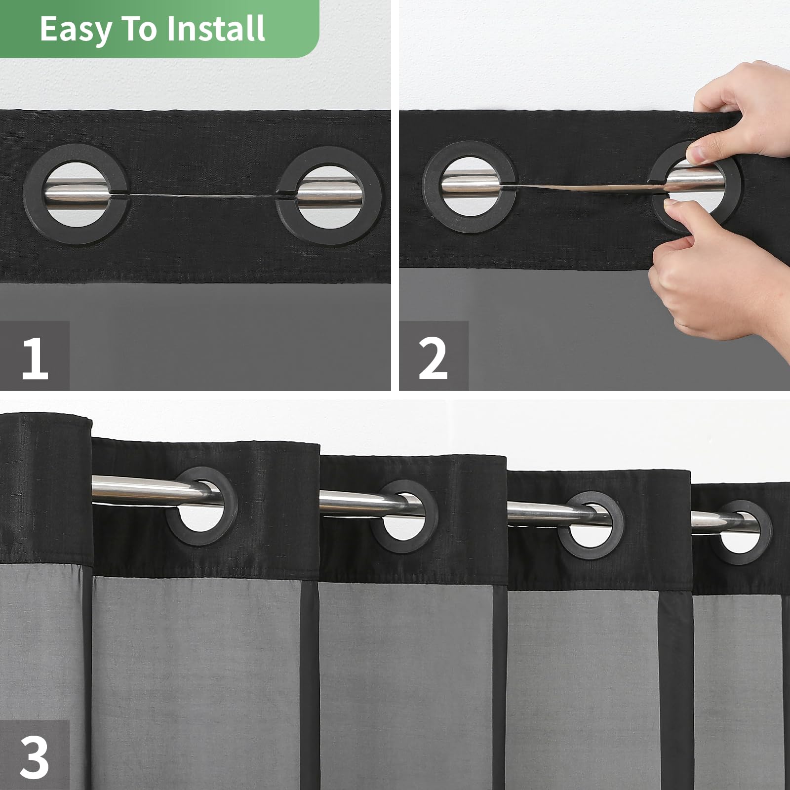 Eachope Black Long No Hook Shower Curtain With Snap-In Fabric Liner Set,Slub Textured Fabric Shower Curtains For Bathroom,Hotel