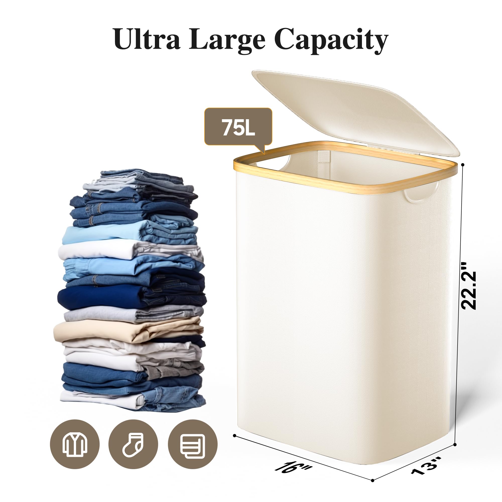 Foluck Large Laundry Hamper, 75L Waterproof Laundry Basket With Lid And Removable Bag, Collapsible Tall Clothes Hamper With Bamb