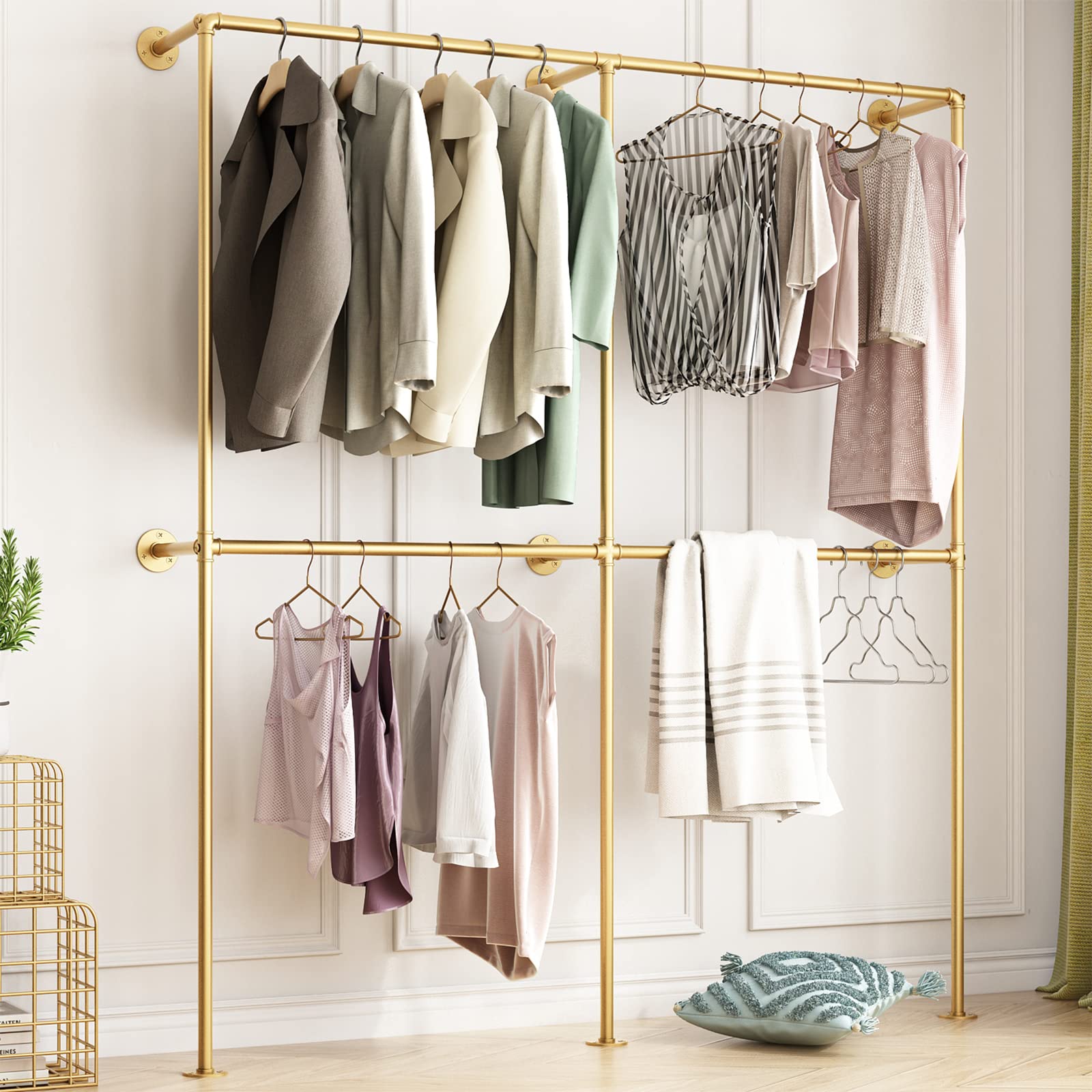 Bosuru Industrial Pipe Clothing Rack Wall Mounted,Clothes Racks With Double Hanging Rods For Closet Storage(Gold)