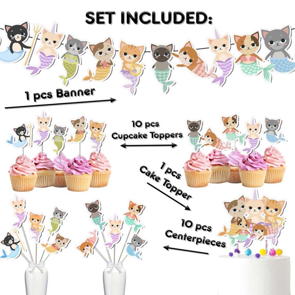 Mermaid Cat Party Decor Set - Whimsical Underwater Adventure Kit For Birthdays & Baby Showers, Includes Banners, Centerpieces, C