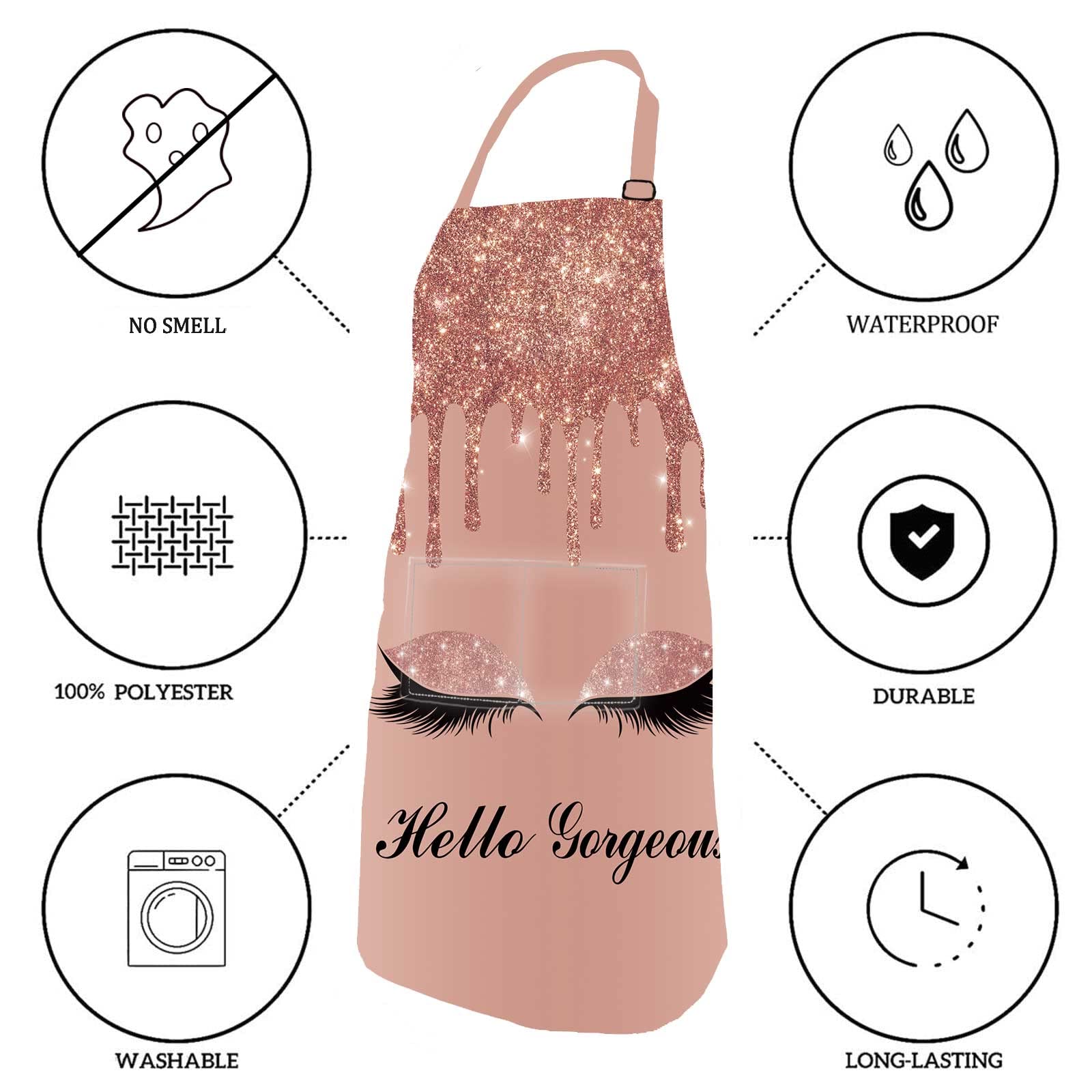 Sscsts Hello Gorgeous Unicorn Eyelash Apron With 2 Pockets, 26.5X33.1In, Adjustable Size Bib Rose Gold Aprons For Men Women Kitc