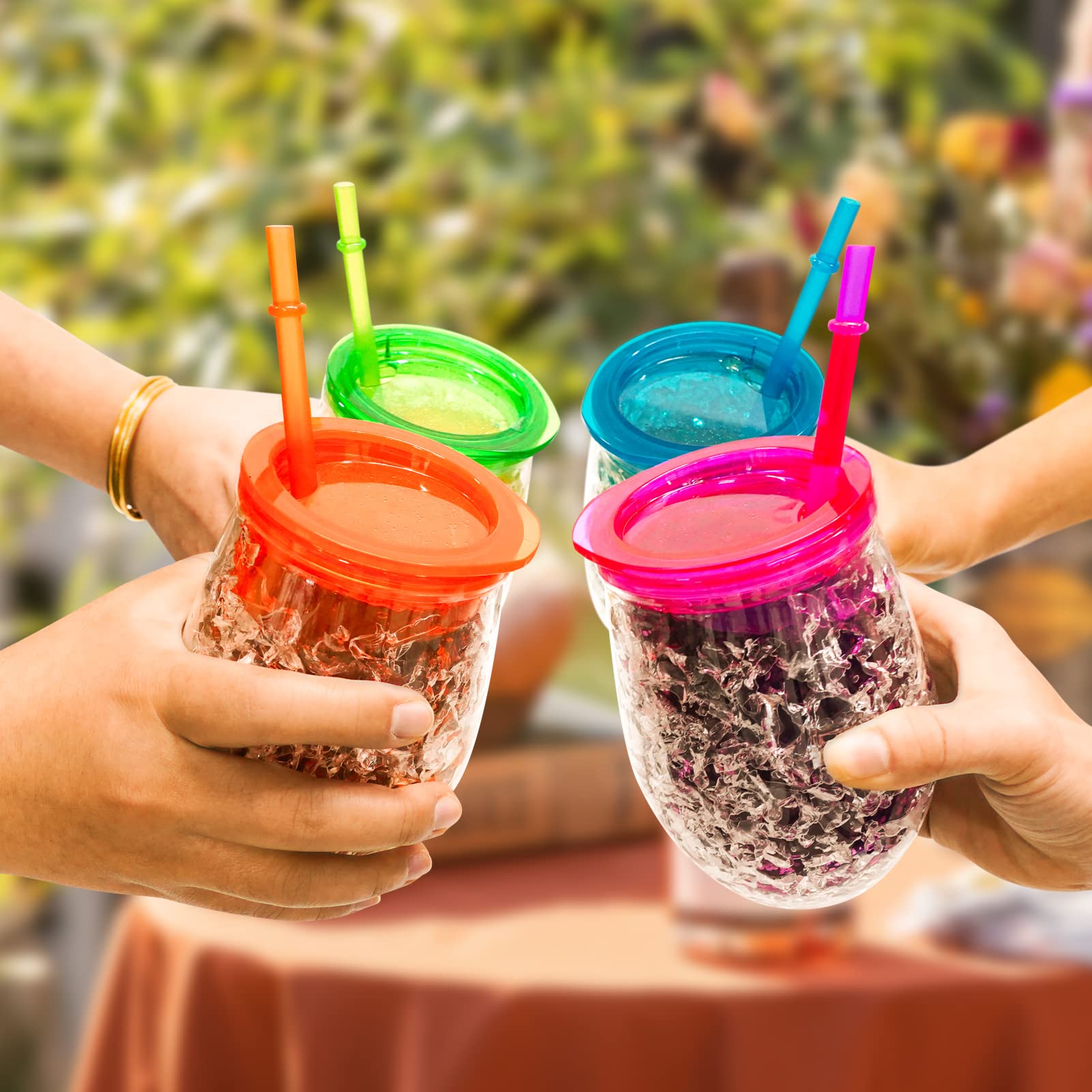 Easicozi Cute Shape Frosty Freezer Ice Mugs With Straw Clear 11.8Oz Set Of 4(Red, Green, Blue And Orange) (Oval)