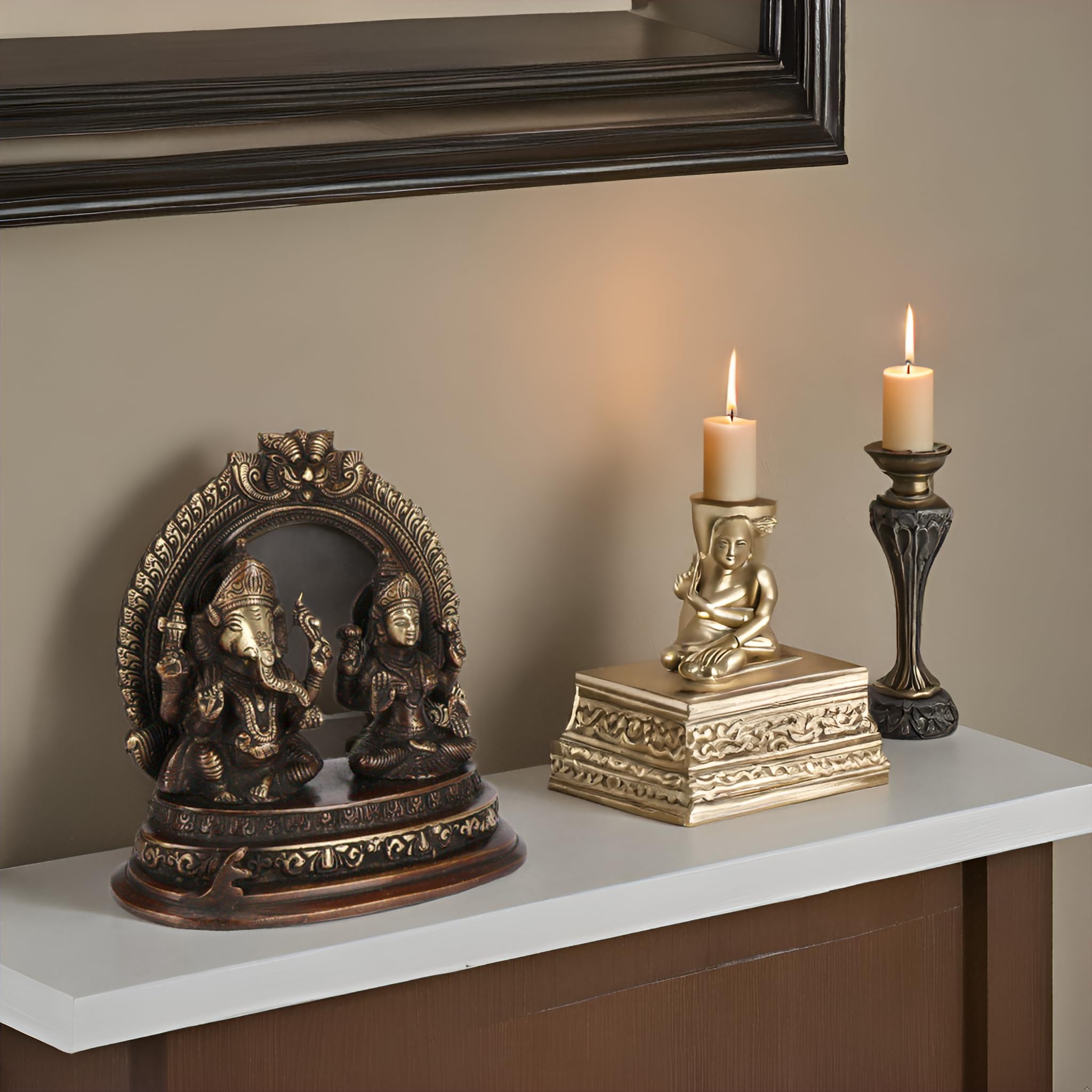 Kartique 7-Inch Brass Lakshmi Ganesh Idol Set With Intricate Arch Design, Bronze Finish, Ideal For Home Decor And Pooja Room