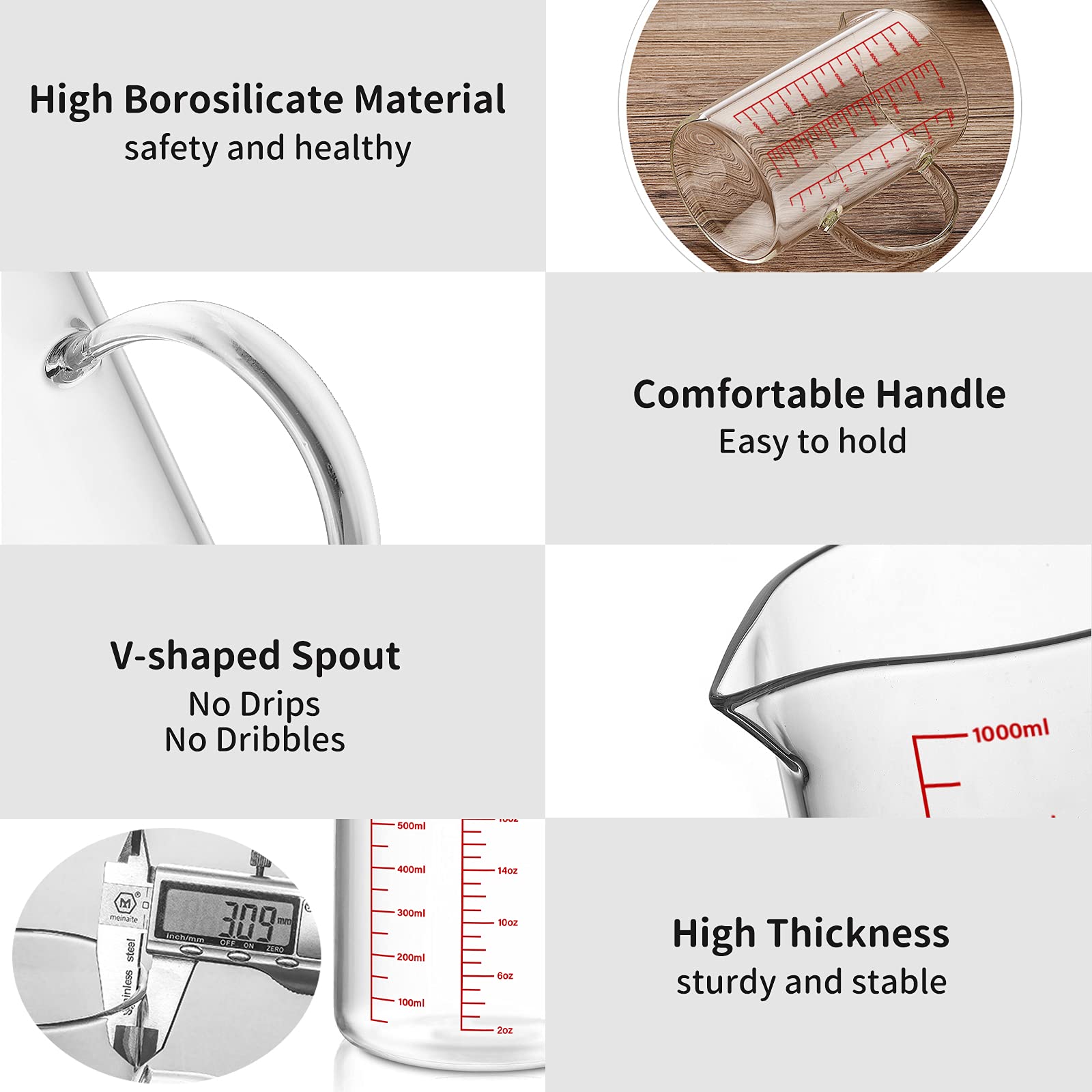 Luvan Glass Measuring Cup  4 Cup Glass Measuring Cup With 3 Scales (Ml/Oz/Cup)  High Borosilicate Glass Measuring Cup With Handle and V-Shaped Spout  Dishwasher/Freezer/Microwave Safe (34OZ  1000ML)