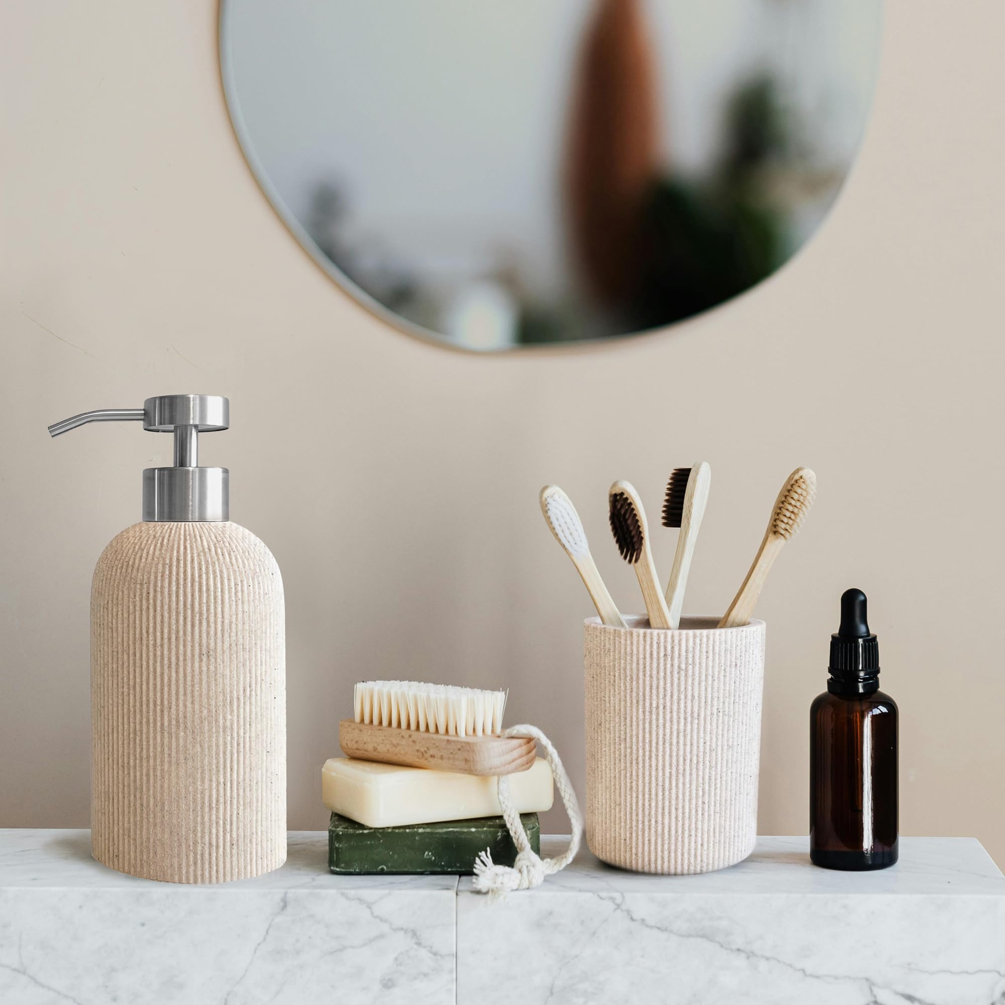 Lunestella Elegant Boho Beige Hand Soap Dispenser With Stainless Steel Pump, For Bathroom And Kitchen, Rust Proof, 7Oz