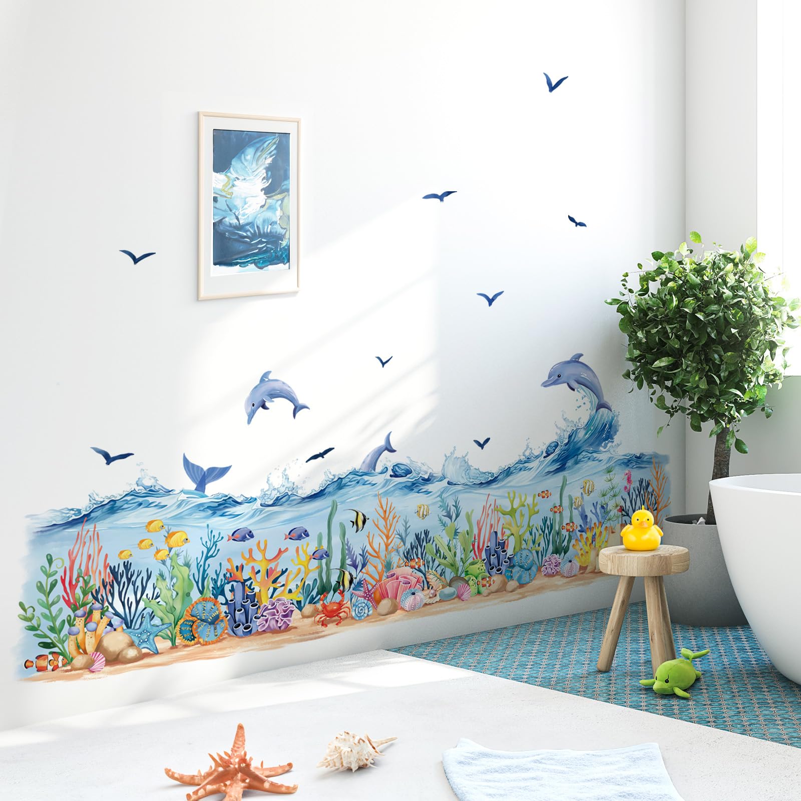 Decalmile Under The Sea Seaweed Grass Wall Decals Dolphins Fish Ocean Wave Baseboard Skirting Line Wall Stickers Kids Bedroom Ba