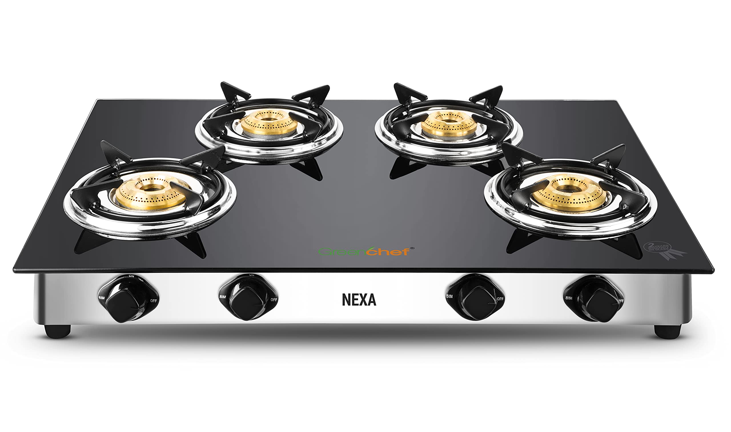 Greenchef Stainless Steel Nexa 4 Burner Glass Top Gas Stove, Black, Manual