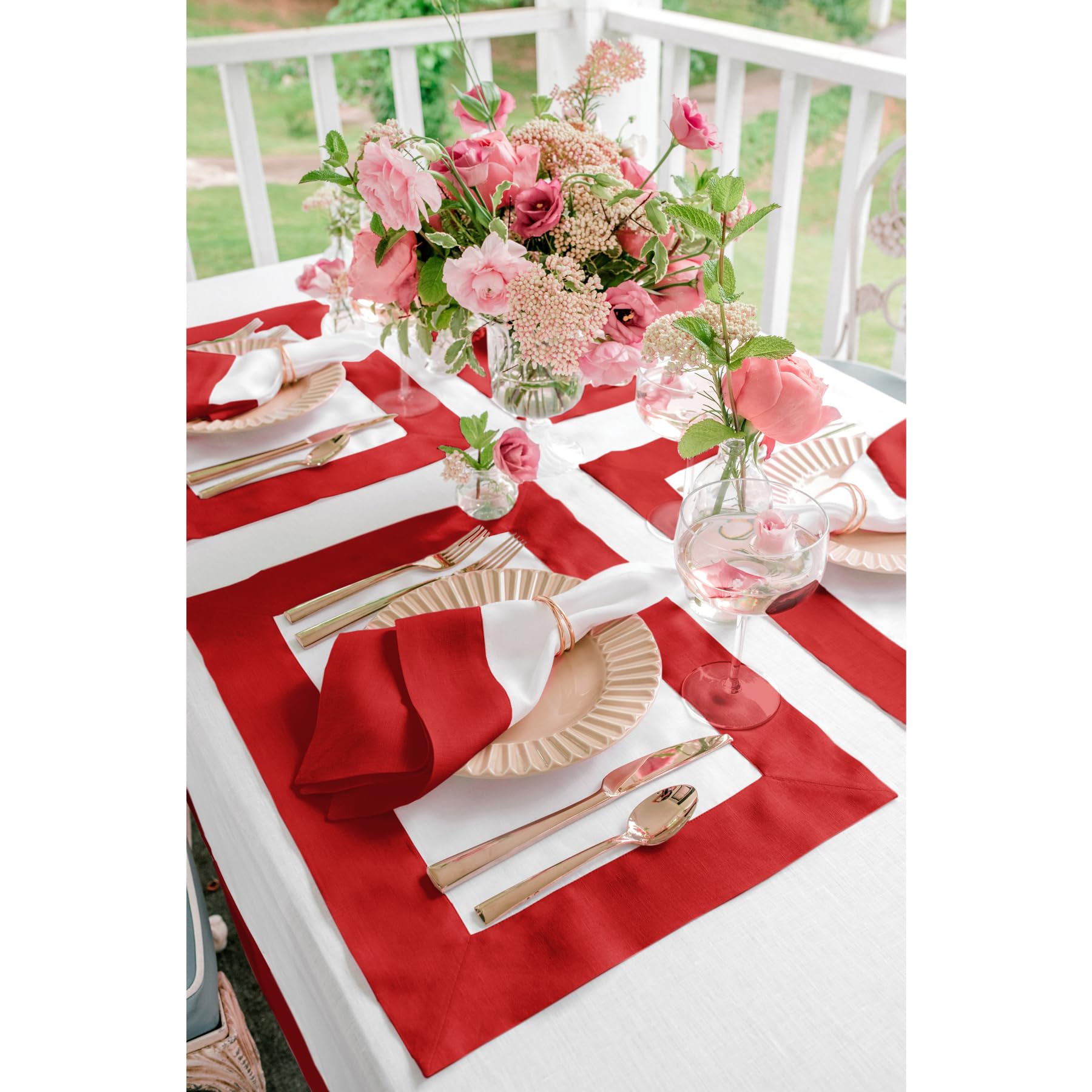 Solino Home Linen Placemats Set Of 4-100% Pure Linen Cloth Fabric Placemats Red And White - 19'' L X 14'' W Inch Washable Dining