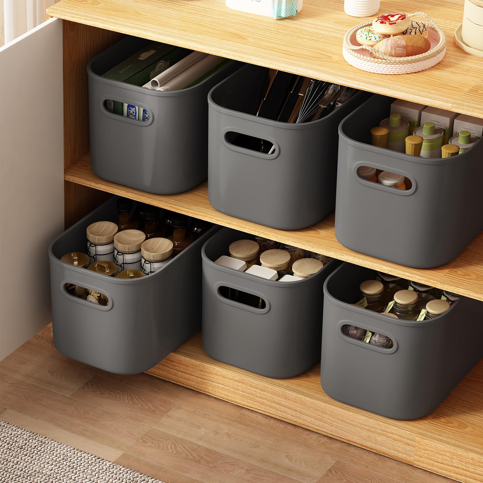 Orgidol 6 Pack Grey Storage Bins With Lids Stackable Storage Container For Organizing, Storage Boxes With Handle For Shelves, Cu