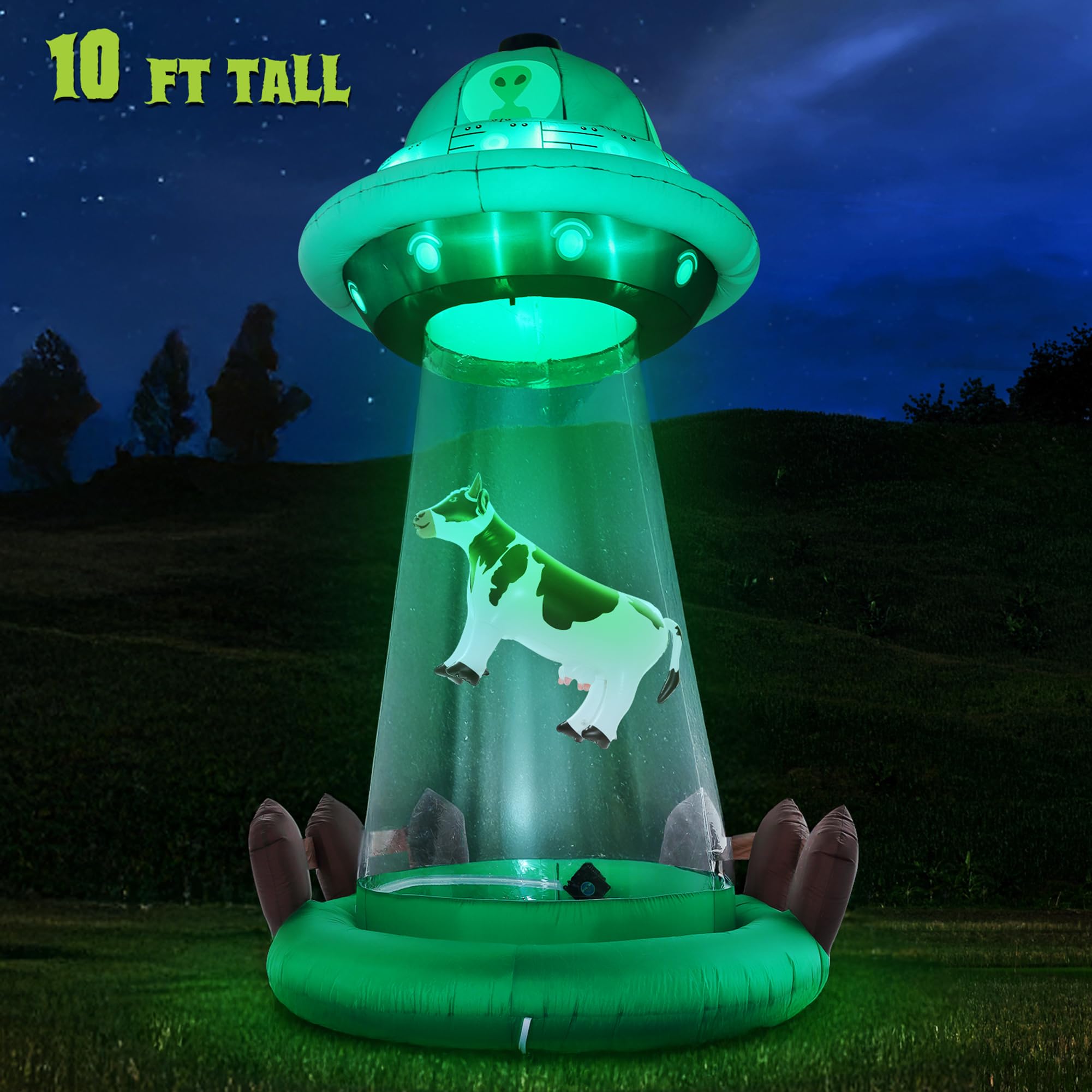 ZPISF 10 FT Halloween Inflatables UFO with Floating Cow Outdoor Decorations, Blow Up UFO Halloween Yard Decorations for Front La