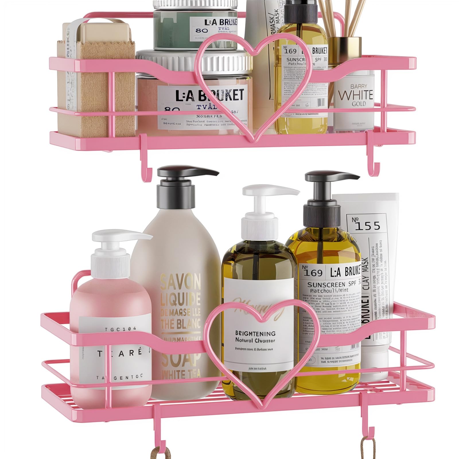Flcity Pink Shower Caddy With 4 Removable Hooks, 2 Pack Sweet Heart Shower Shelves,No Drilling Adhesive Organizer Shelf For Bath
