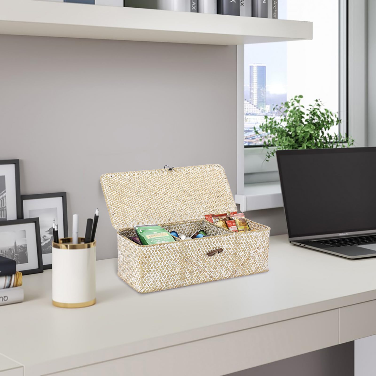 Hipiwe Seagrass Storage Basket - Hand-Woven Wicker Bins, Medium Size, Whitewash, 3 Sections with Lid for Organizing Bathroom Essentials