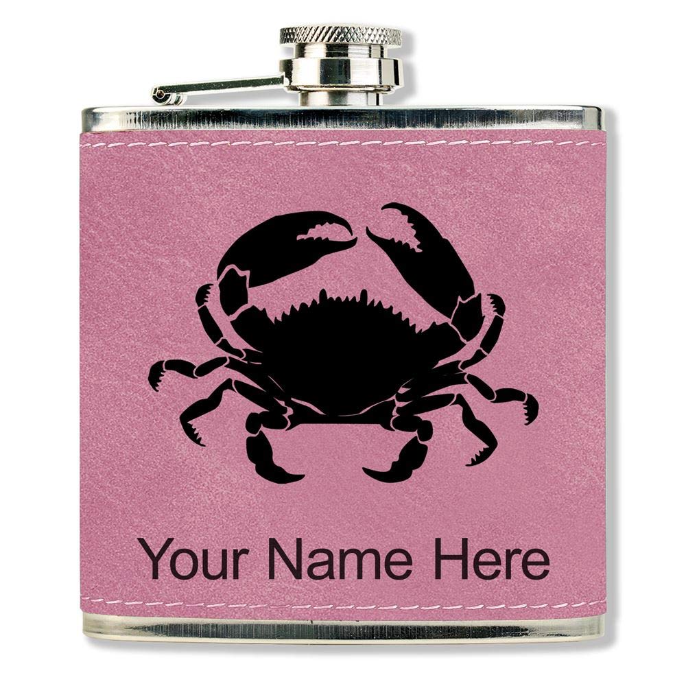 Faux Leather Flask, Crab, Personalized Engraving Included (Pink)