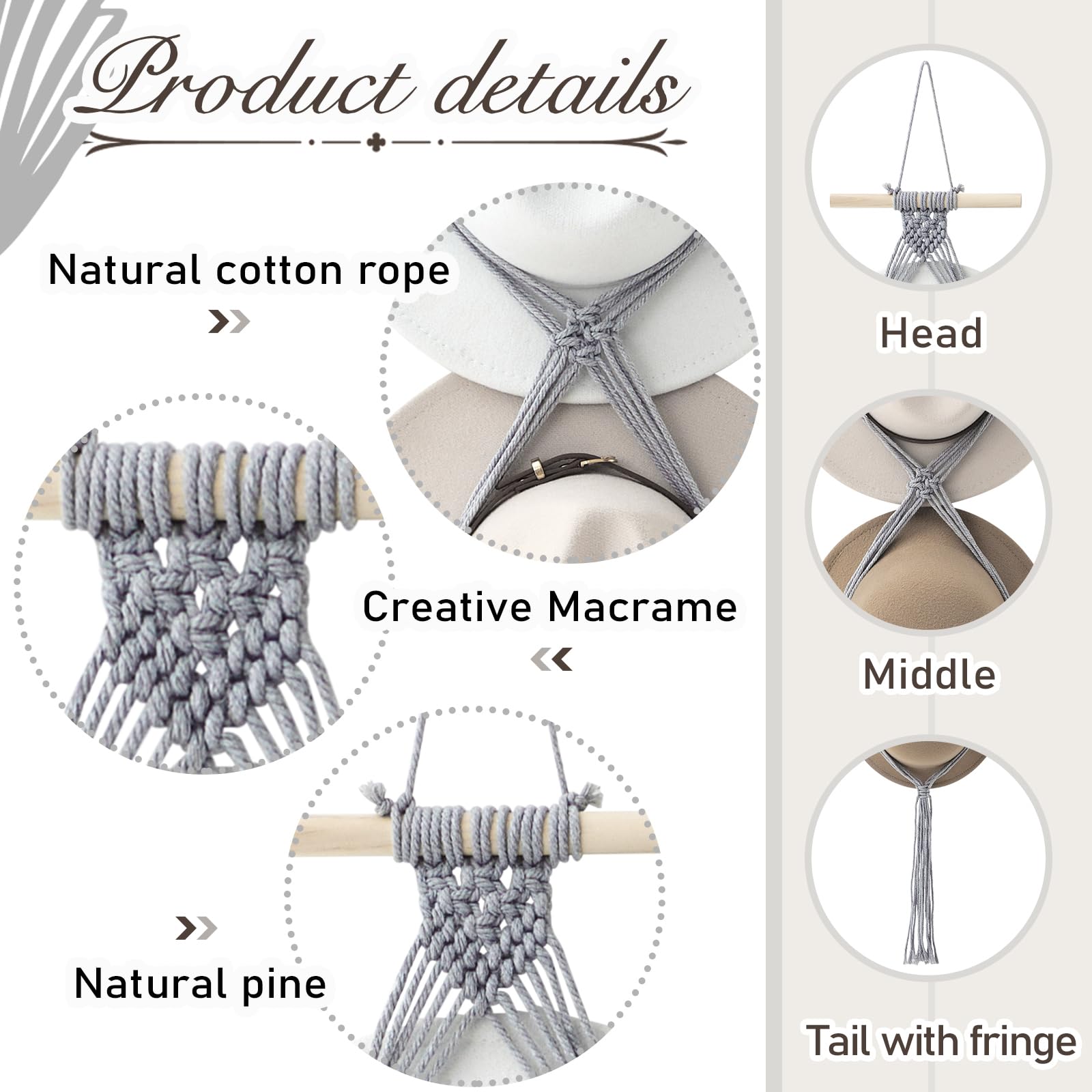 Yulejo Macrame Hat Hangers Boho Hat Rack Cowboy Hat Hanger Back Of Door Hat Organizer (Gray,Three Hats Style)