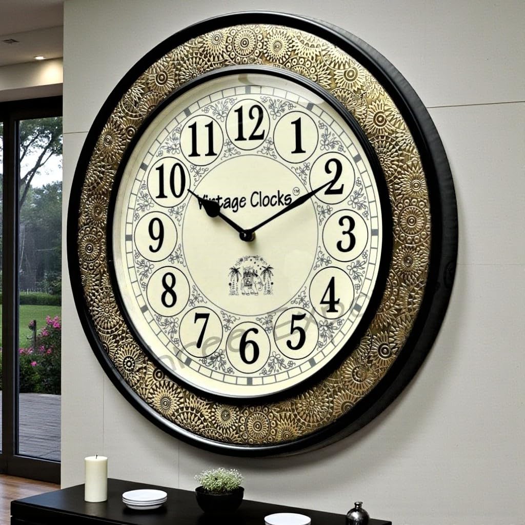 Vintage Clock Wooden Solid Pine Wood Mdf Hand-Crafted Brass Inlay Analog Wall Clock (Large, 16X16 Inches, 4-5 Cm, Black)