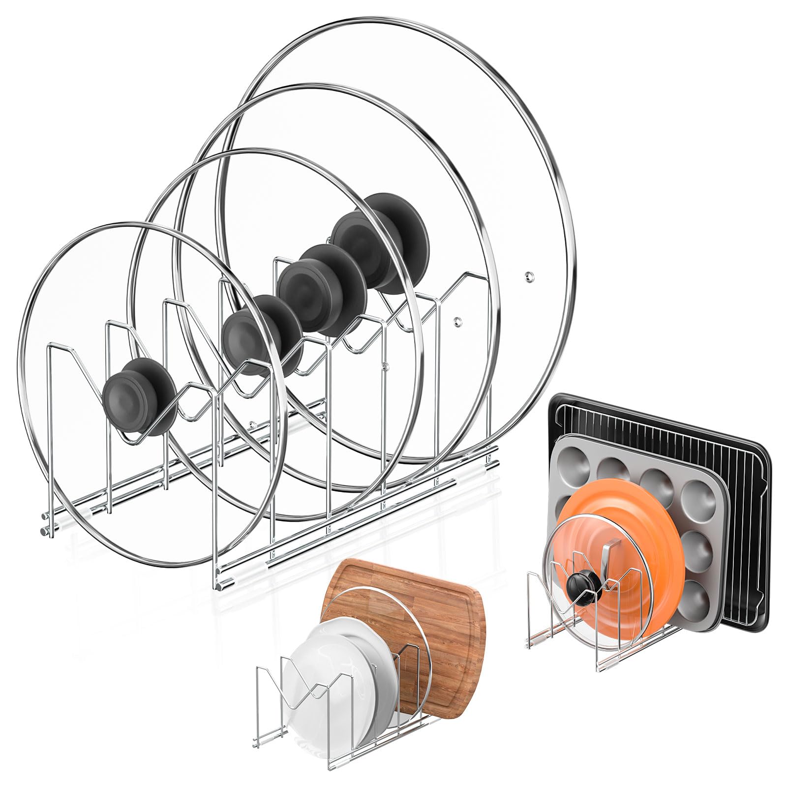 3 Pack Pot Lid Organizer for Cabinet, Stainless Steel Pot Lid Rack with Antislip Pad, Lid Holder for Pans Pots, Bakeware, Plate