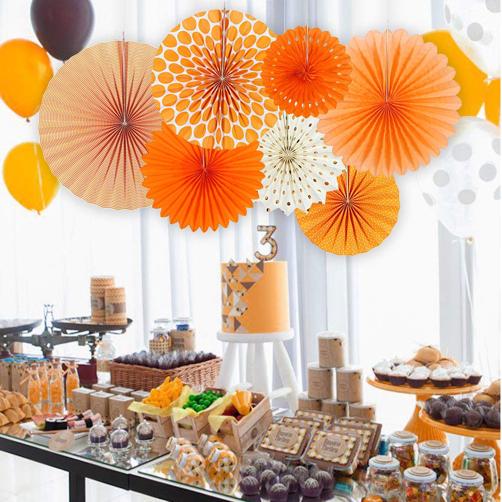 Sunbeauty Pack Of 7 Hanging Paper Fans Collection Orange Paper Fans Home Party Photo Backdrop Decorations