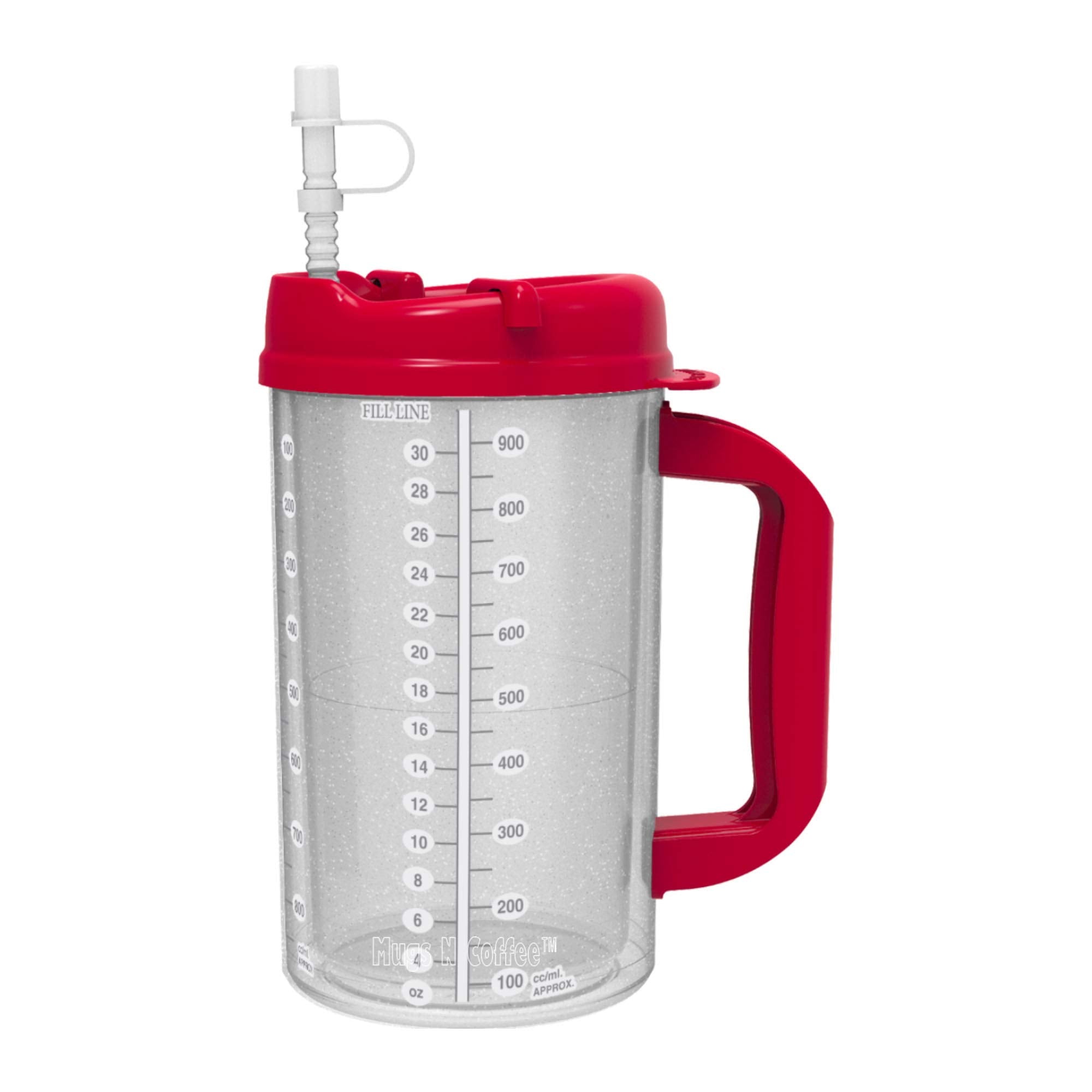 2 Pack Of 32 Oz Red Double Wall Insulated Hospital Mugs - Cold Drink Mugs - New Swivel Lid Design - Includes 11'' Straws (2)
