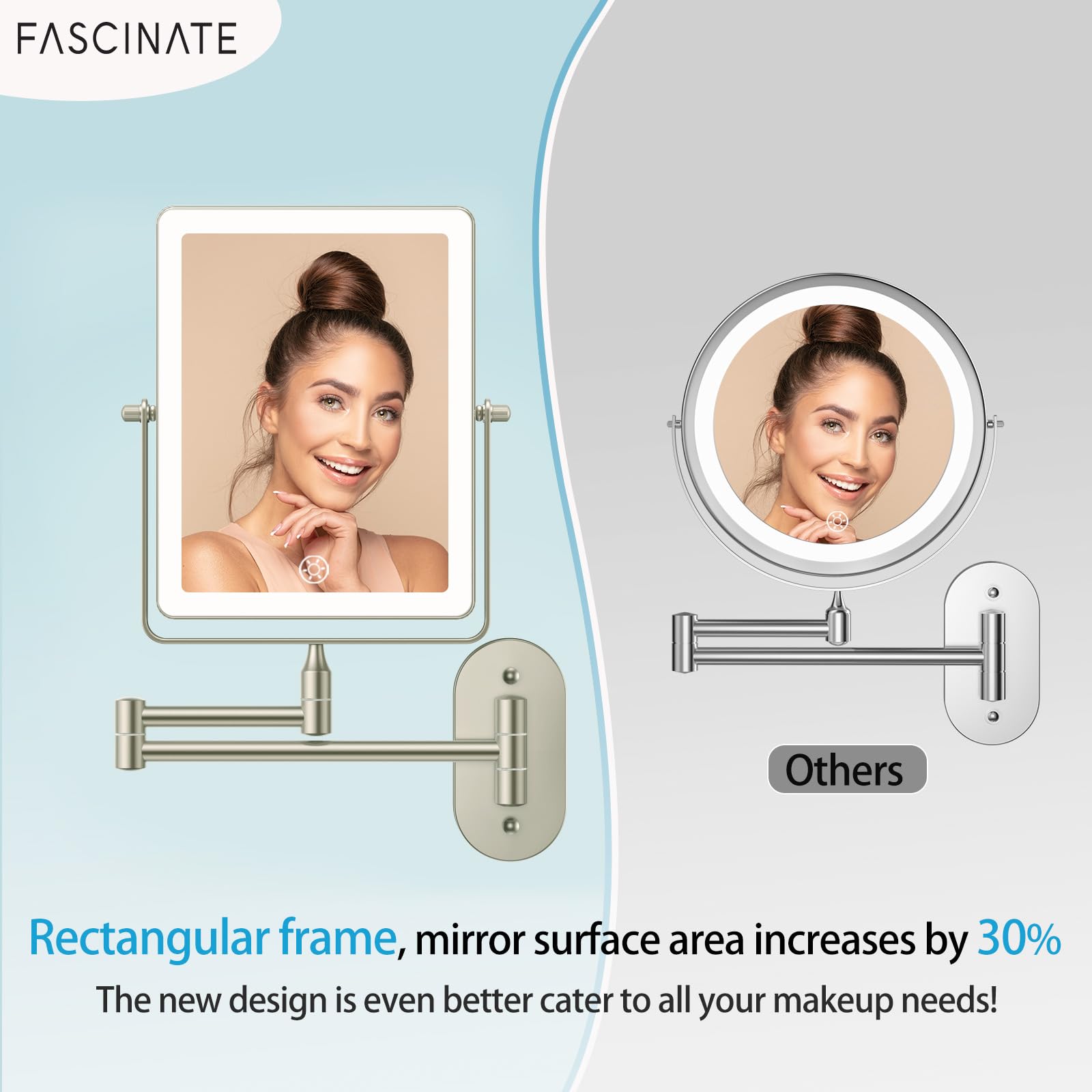 Fascinate Rechargeable Wall Mounted Makeup Mirror,8.7 Double Sided Touch Switch 1X 10X Rectangle Wall Mounted Magnifying Mirror