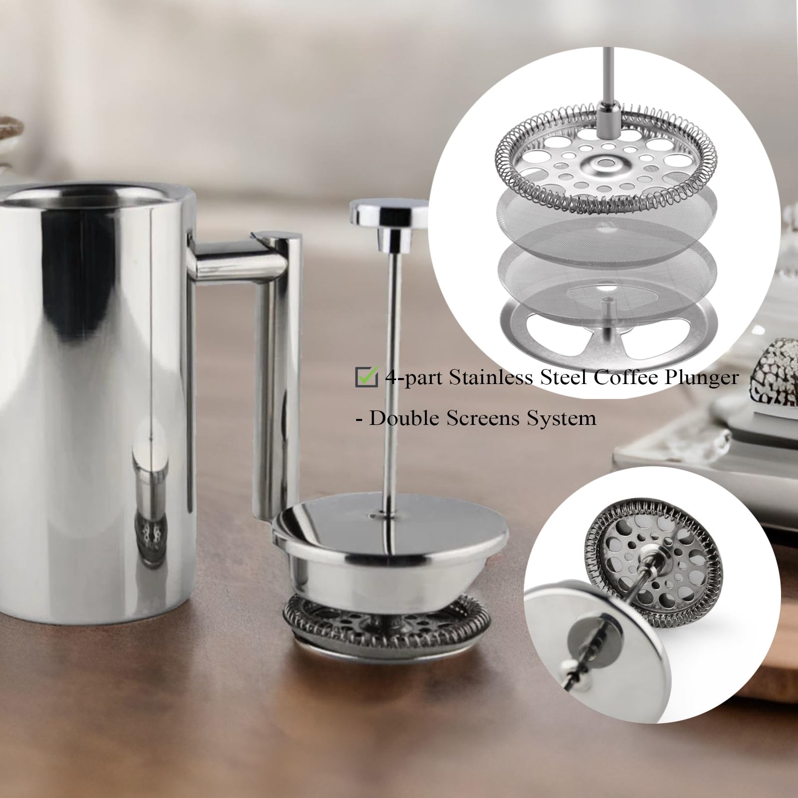 Highwin Small Stainless Steel French Press  12-Ounce Dual-Filter Coffee Plunger Pot Brewer and Maker for Individual Serving  Silver
