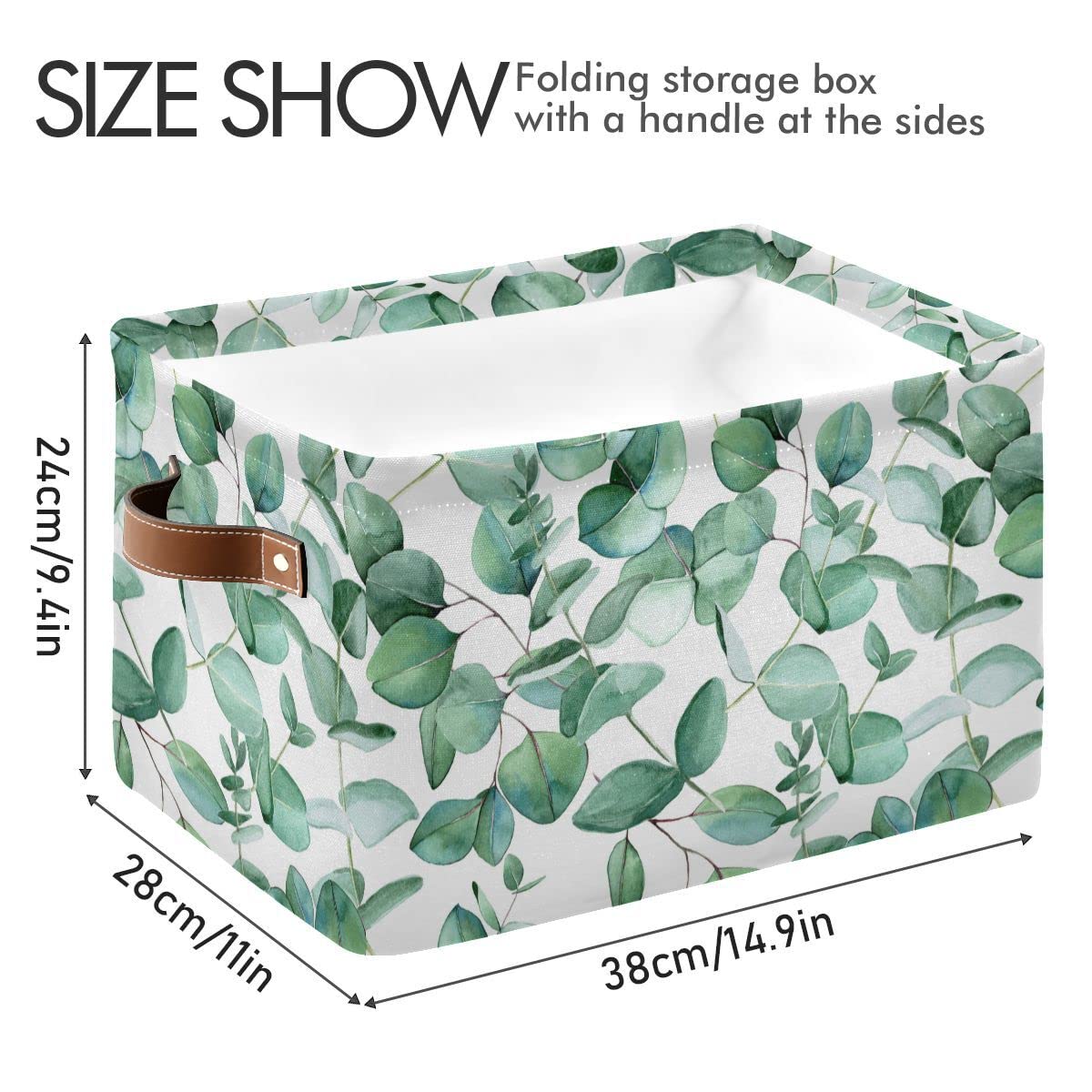 Xigua Green Leaves Storage Basket Collapsible Toy Storage Bins Waterproof Canvas Storage Basket With Leather Handles For Home Cl