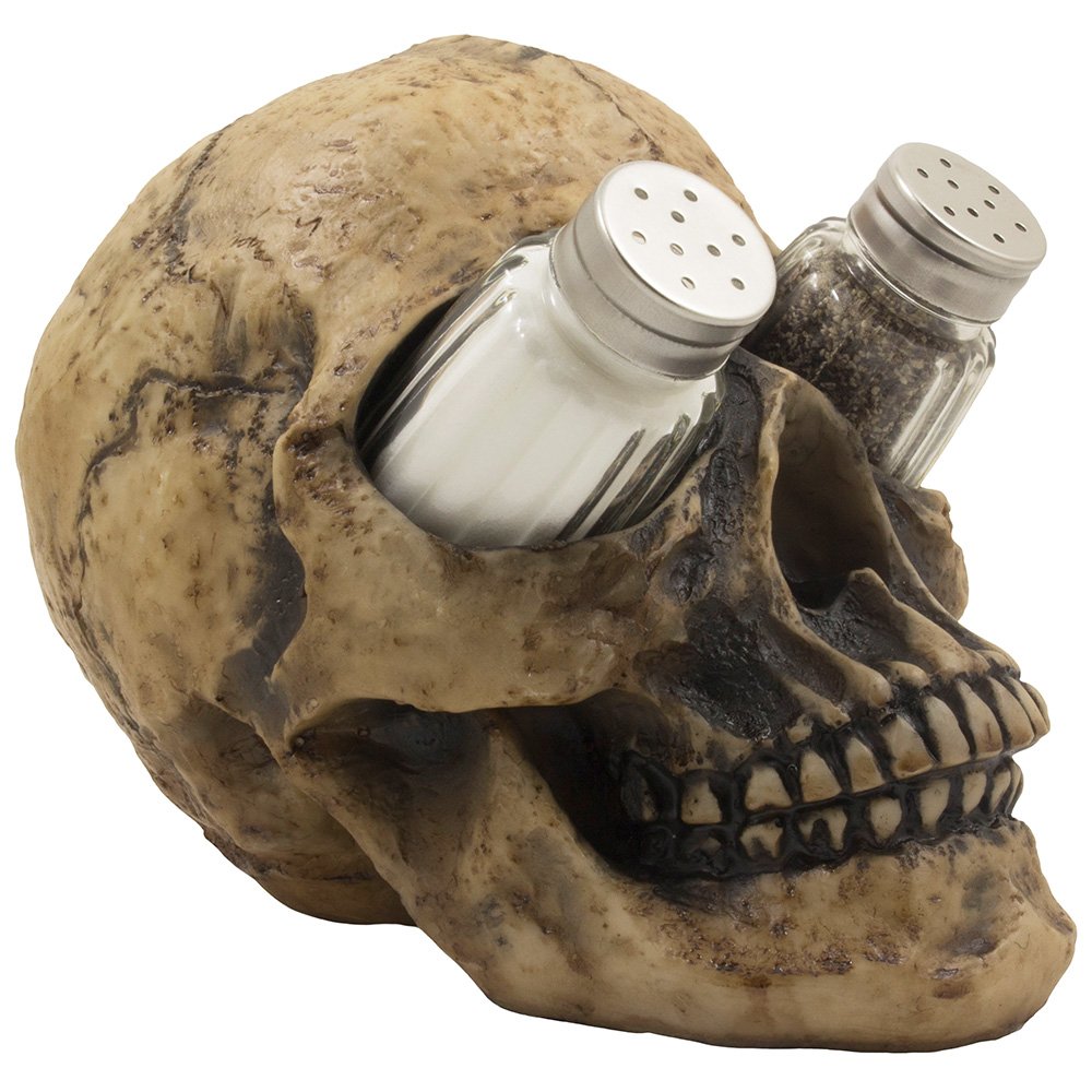 Scary Evil Human Skull Salt And Pepper Shaker Set Figurine Display Stand Holder For Spooky Halloween Party Decorations & Gothic