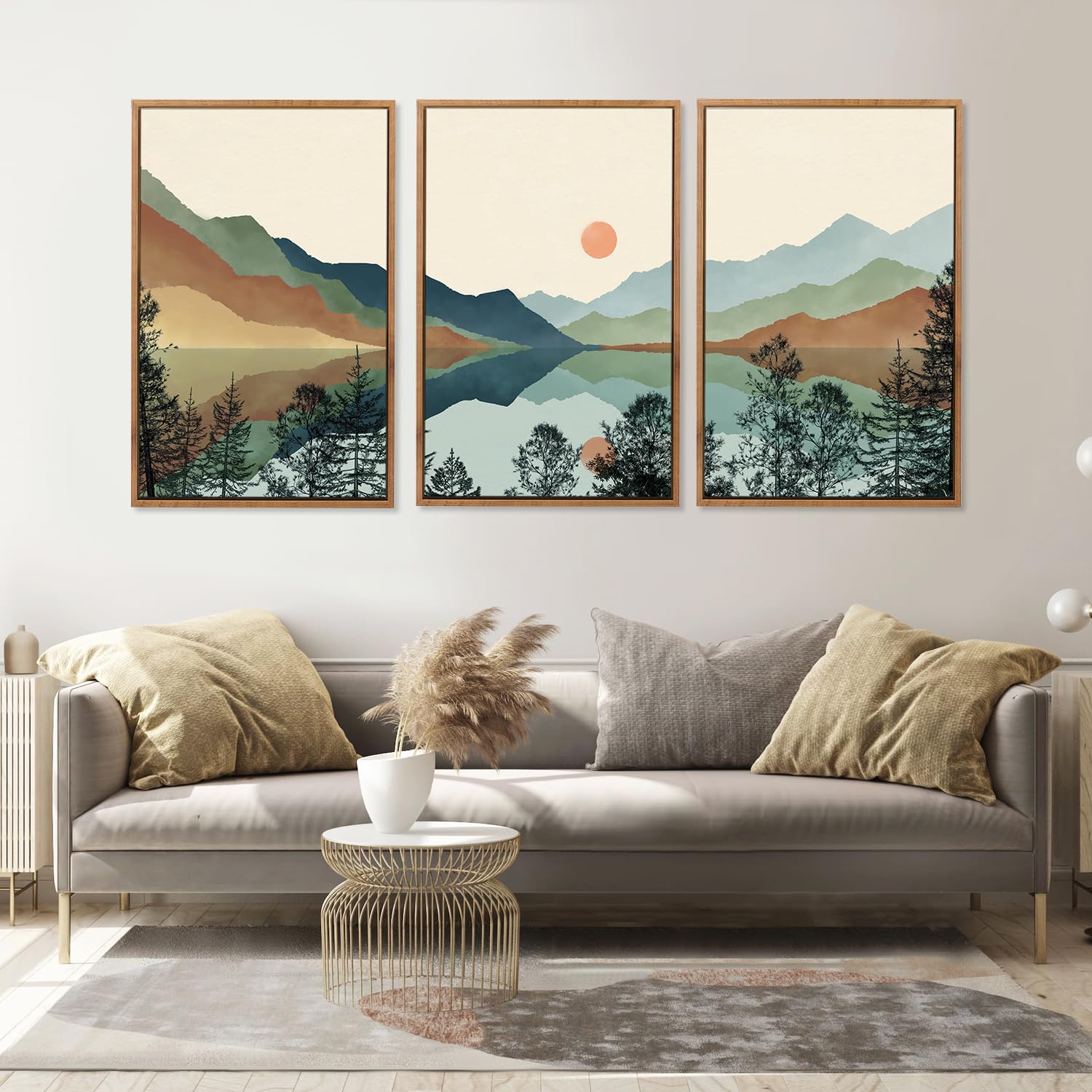 Chditb Mountain Sun Forest Framed Art Prints(Set Of 3, 24   X36   ), Boho Watercolor Nature Landscape Canvas Artwork Painting, A