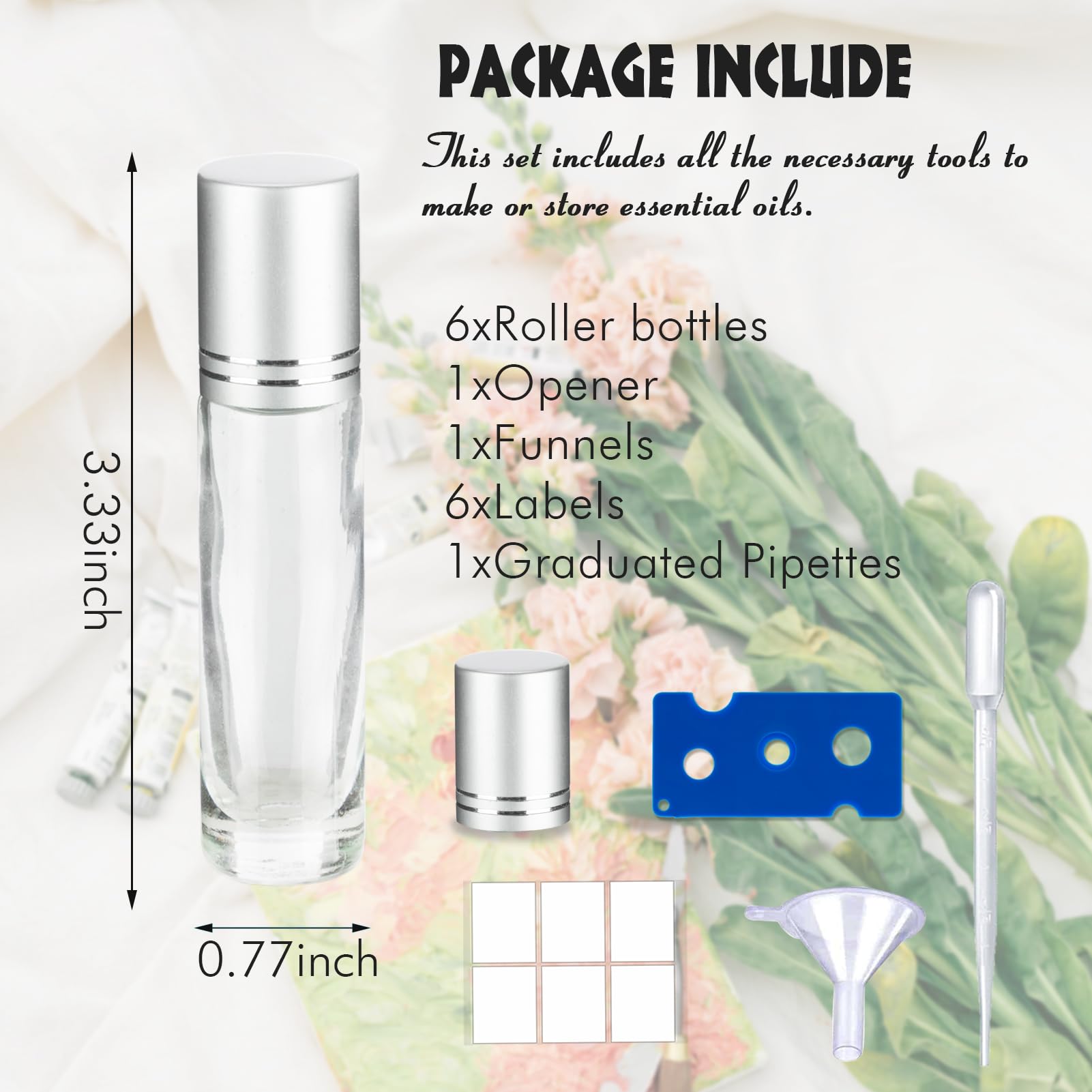 6 Pack Essential Oil Roller Bottles, 10Ml Roller Balls For Essential Oils, Clear Glass Roller Bottles, Roll On Bottles With Stai