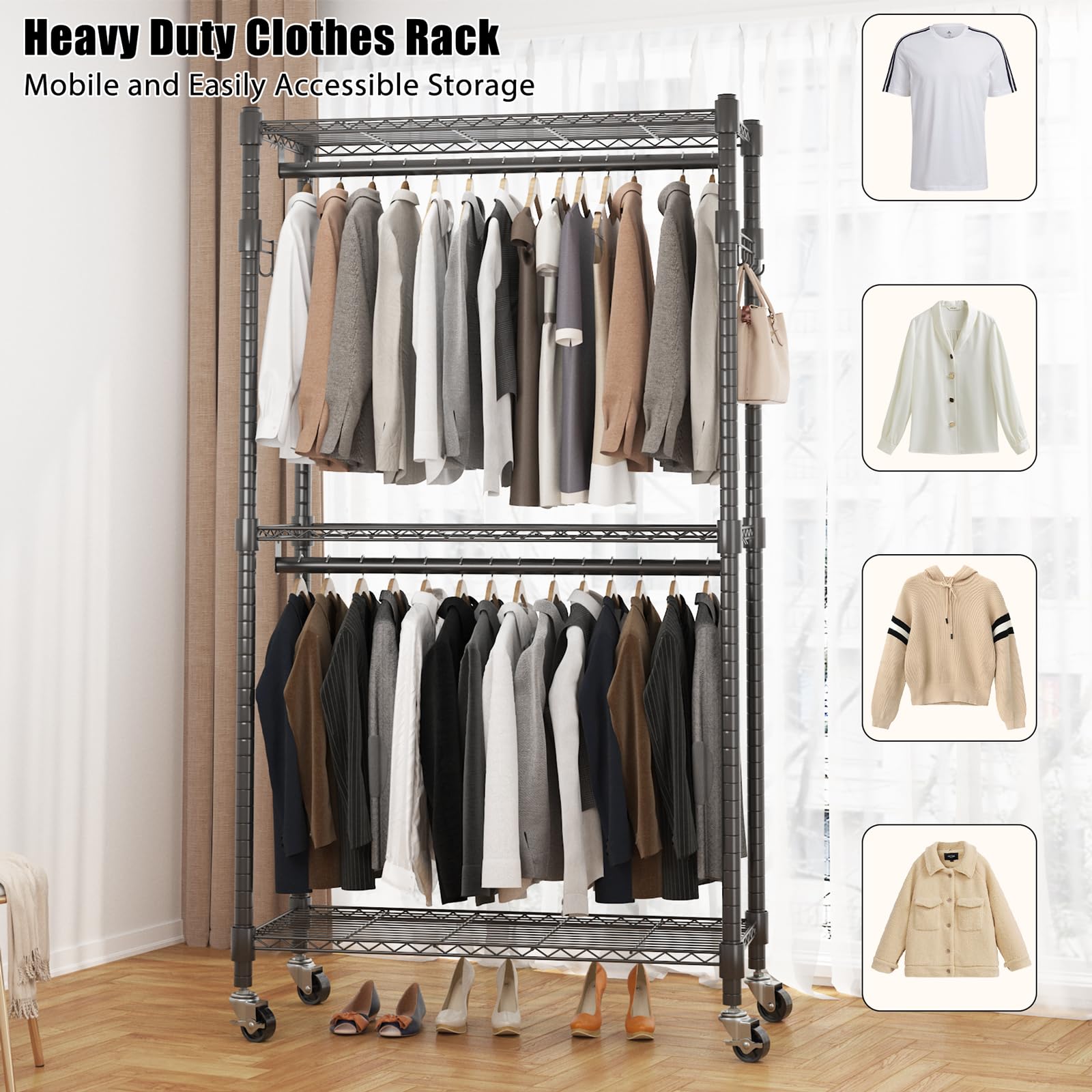 Bathwa Rolling Garment Rack Portable Closet Clothes Rack For Hanging Clothes, Metal Wardrobe Clothing Rack With Wheels And 8 Sid