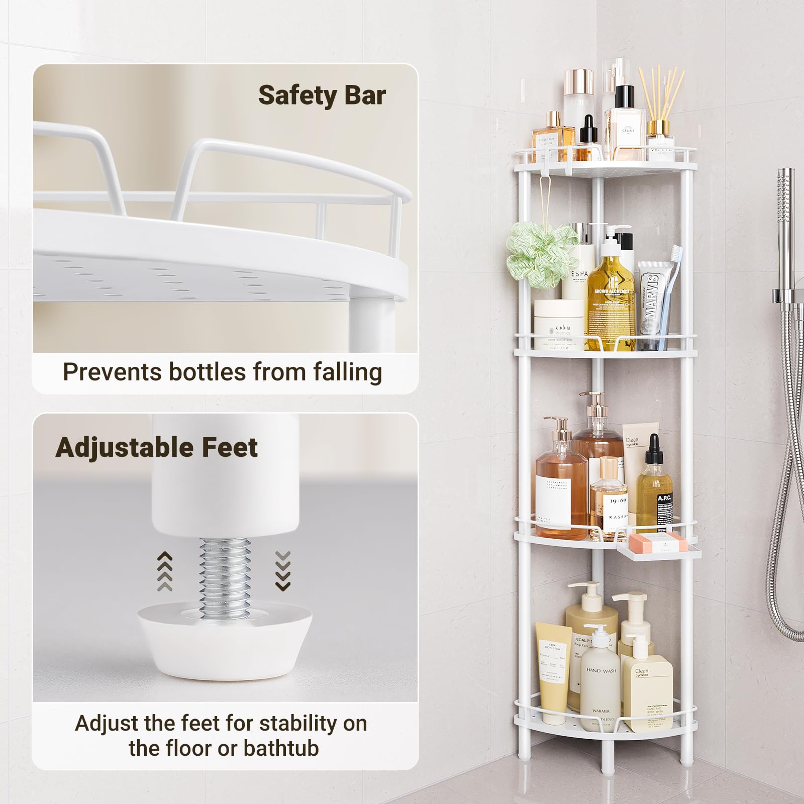 Elyken Corner Shower Caddy Standing, 4 Tier Rustproof Metal Shower Organizer With Soap Holder, Floor Shower Corner Shelf Rack St