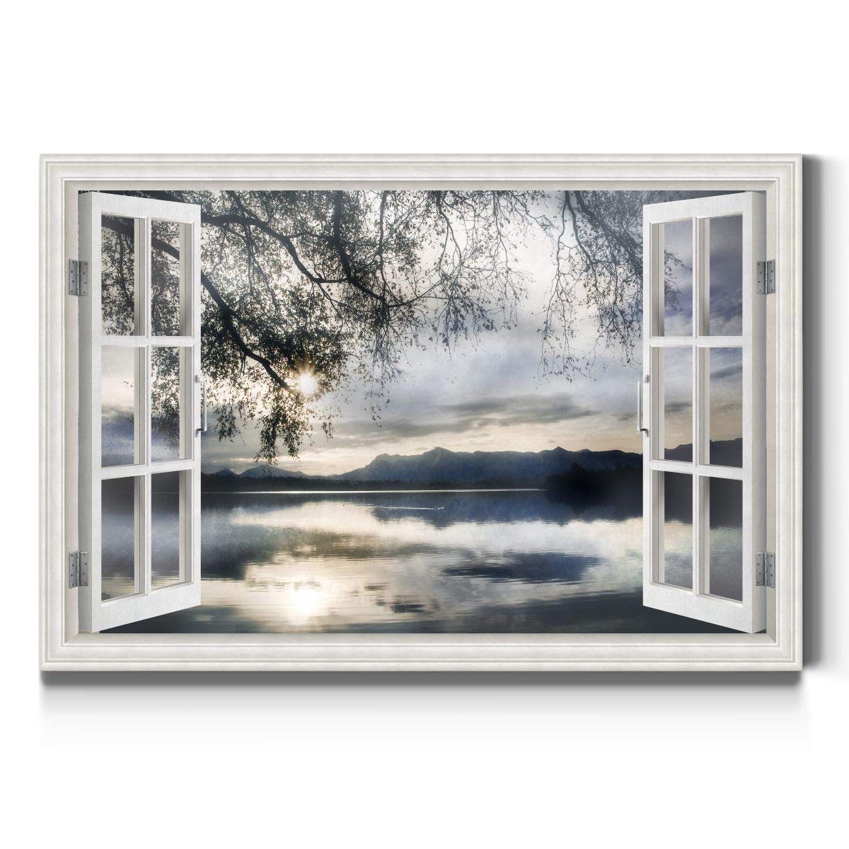 Renditions Gallery Canvas Nature Wall Art Home Paintings & Prints Serene Mountain Lake Reflection Modern Winter Window View Wall