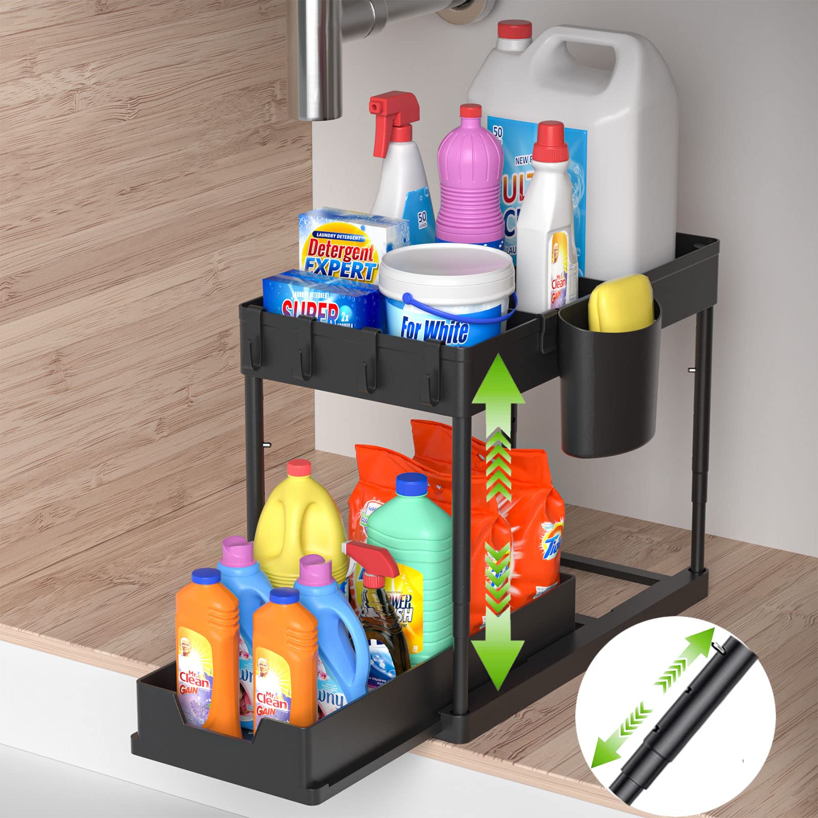 Under Sink Organizers And Storage, 2 Tier Black Bathroom Cabinet Organizer With 4-Height Adjustable Telescopic Tube,4 Removable