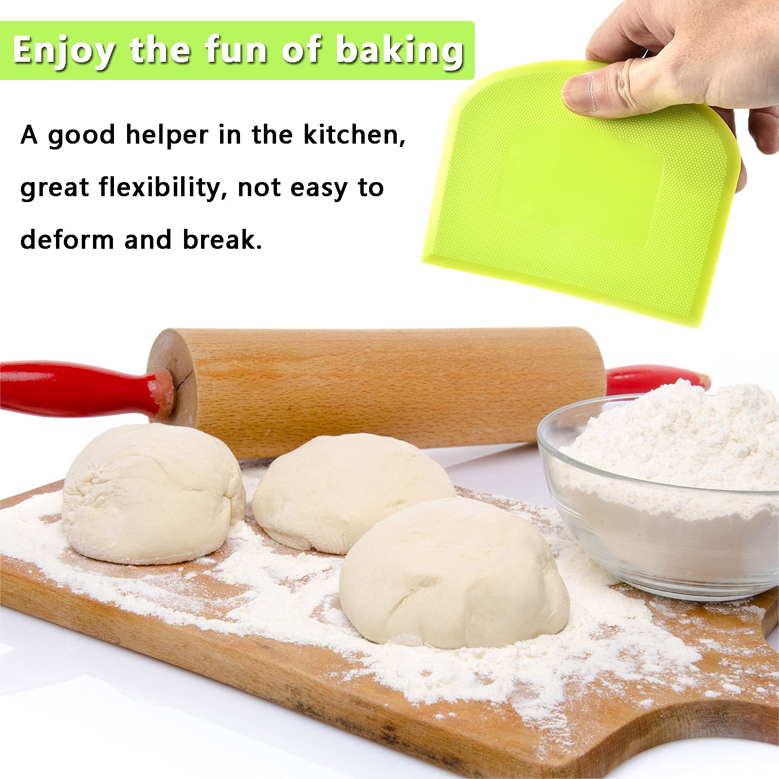 WAFJAMF Plastic Dough Scraper Set, 2 PCS Flexible Food-Grade Bench Scraper, White and Green, Model RD770
