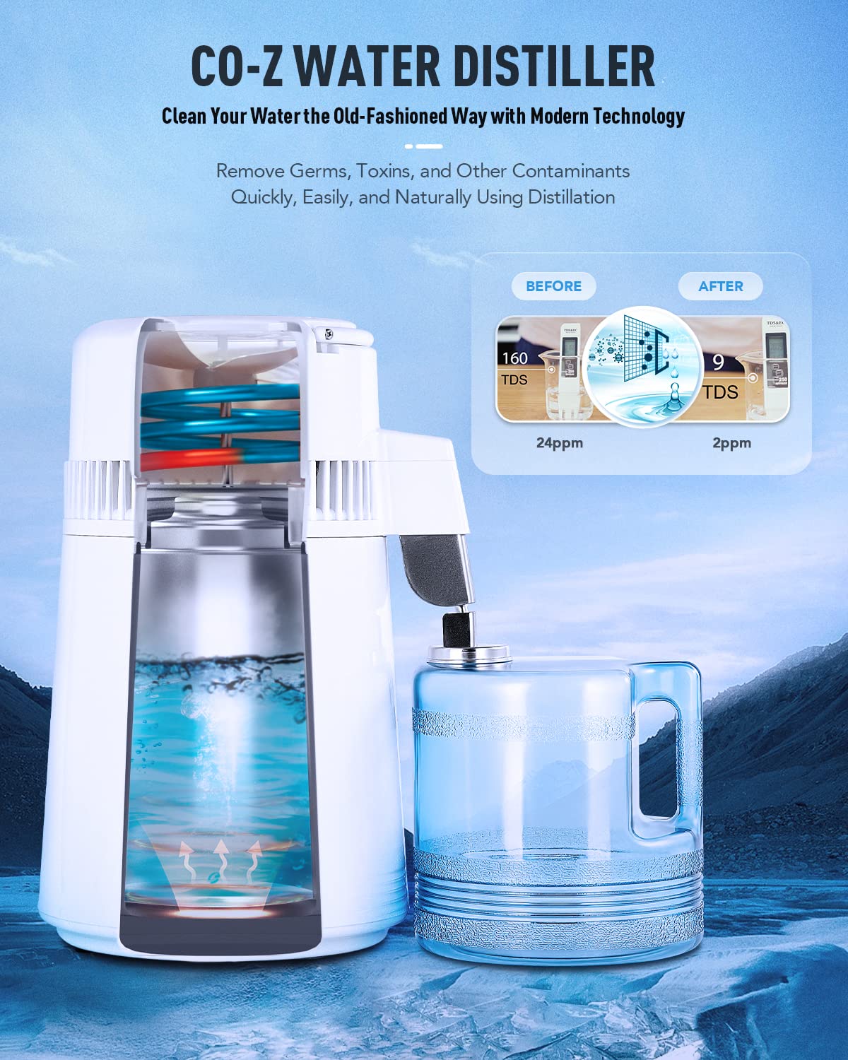 Co-Z 1.1 Gallon Water Distiller, 750W Countertop Home Office Countertop Distiller Water Making Machine, 4L Distilled Clean Water