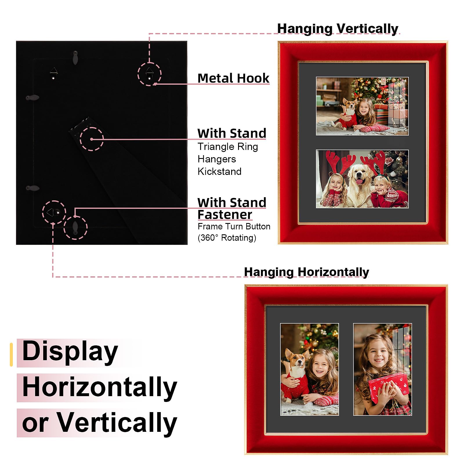KSROECUD 8x10 Velvet Picture Frame with 2 Opening 4x6 Picture, HD Real Glass Red Velvet Photo Frame with Black White Border Mat,