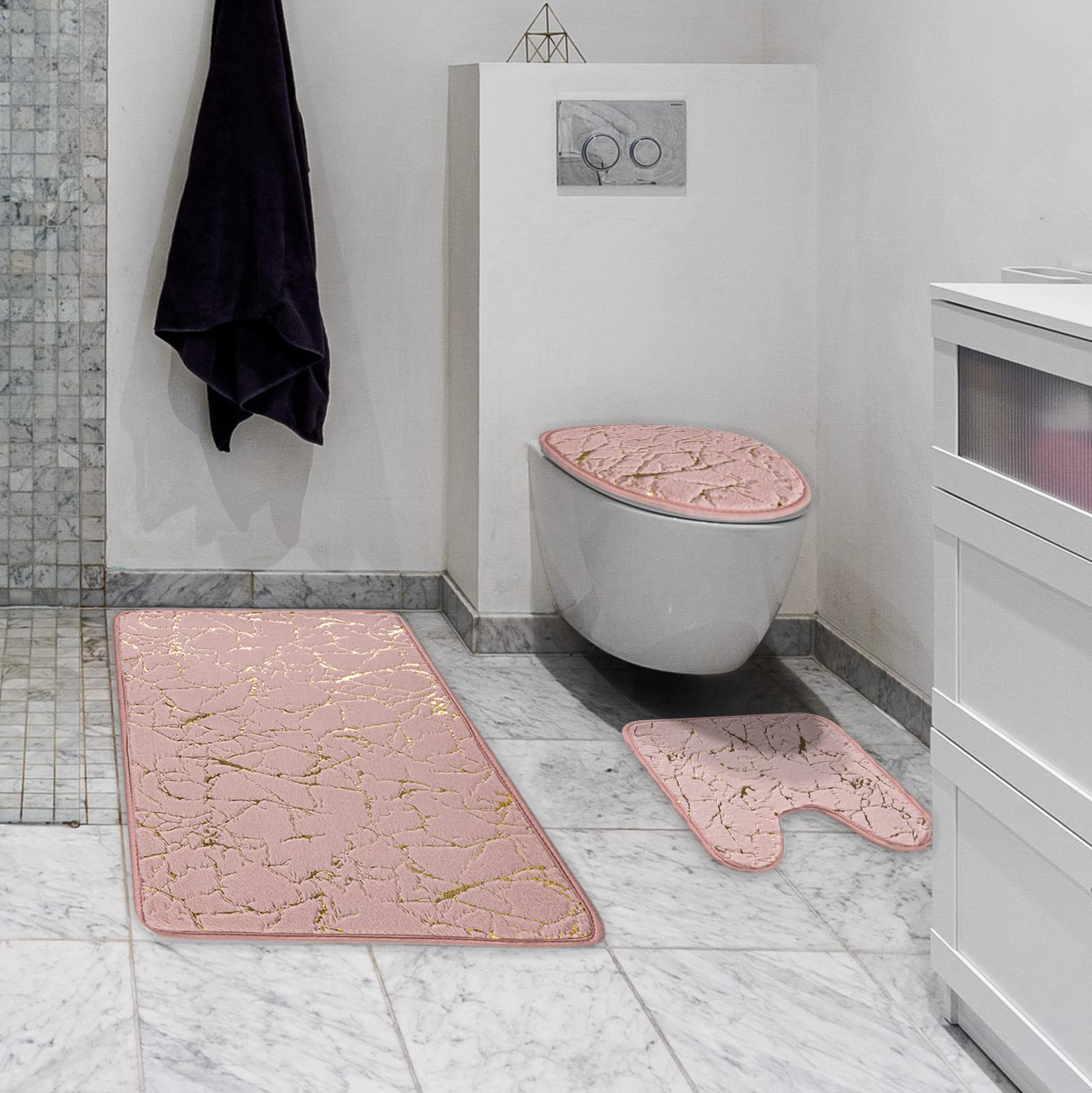 Marble Bathroom Rugs and Mats Set 3 Piece Nonslip Pink Bathroom Mats Soft Washable Bath Mat for Bathroom Floor Mats Carpet Water Absorbent Shower Rug with U-Shaped Contour Rug Toilet Lid Cover