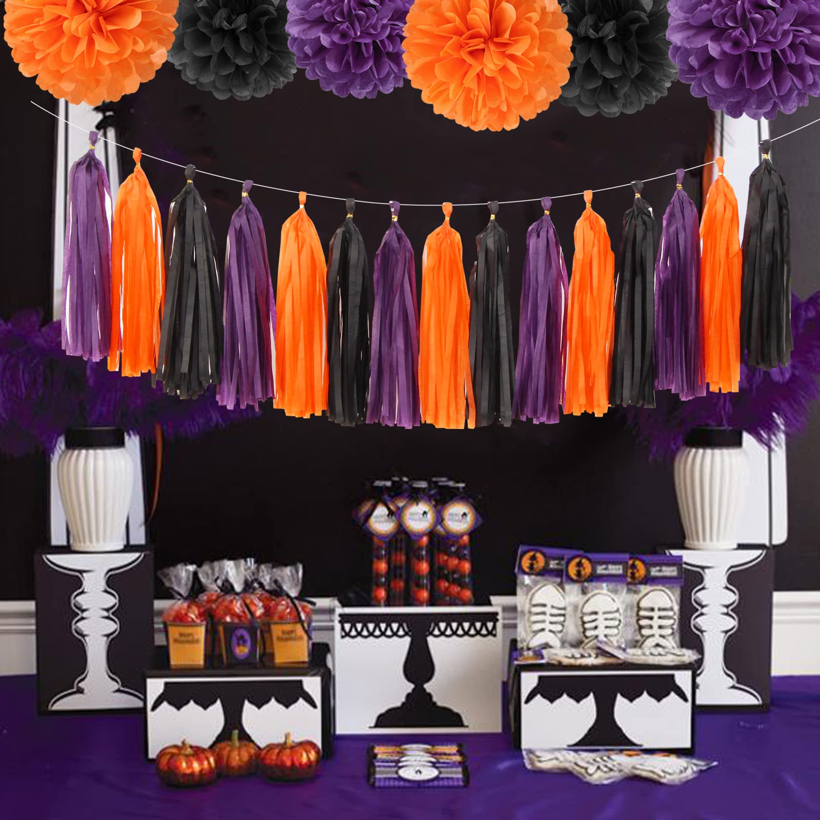 Black Purple Orange Halloween Party-Decorations - 23Pcs Tissue Pom Poms Streamers,Tassel Garland Banner,Graduation 2023 Birthday