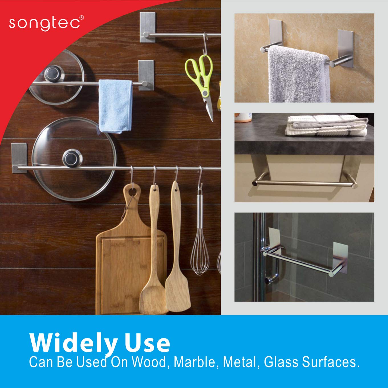 Songtec Adhesive Towel Bar 12inch Brushed  Stick On Bath Towel Rack Easy Install  NO Drilling on Walls  Premium SUS304 Stainless Steel - Brushed