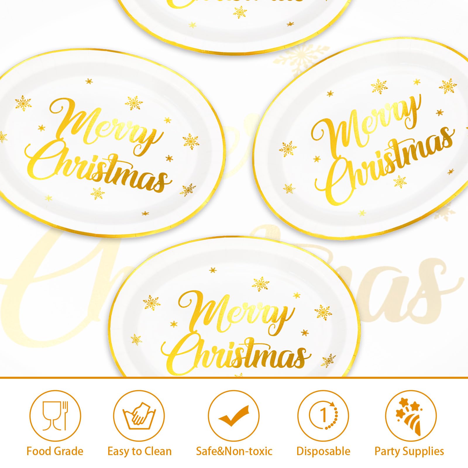 Grencian 50Pcs Gold Foil Oval Paper Plates, 10"x12", Heavy Duty Disposable Dessert Platters for Christmas & Winter Parties